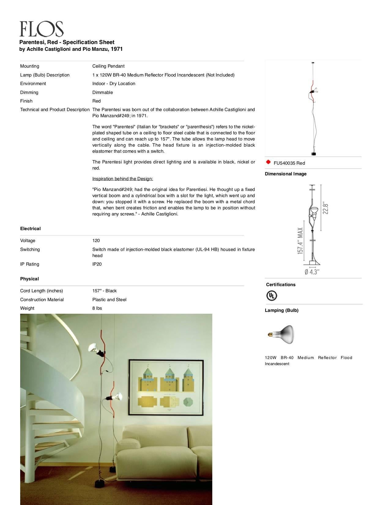 Lampe à suspension FLOS Parentesi rouge par Achille Castiglioni & Pio Manzu en vente 6