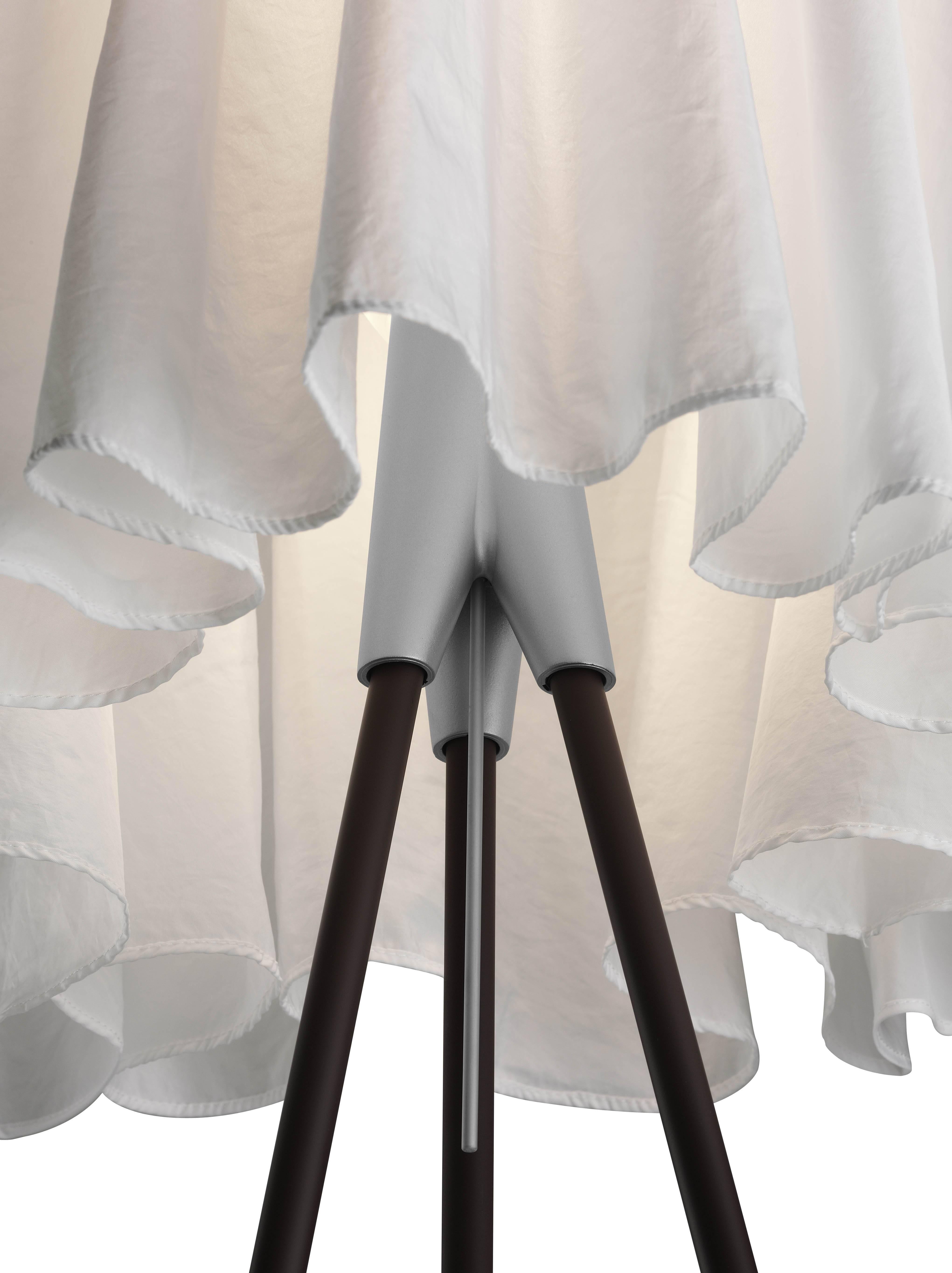Rosy Angelis floor lamp providing diffused light. A light weight polyester fabric diffuser is embroidered with Starck signature. Aluminum tripod legs in grey finish. 

This item is compatible only in the United States and Canada. For customers