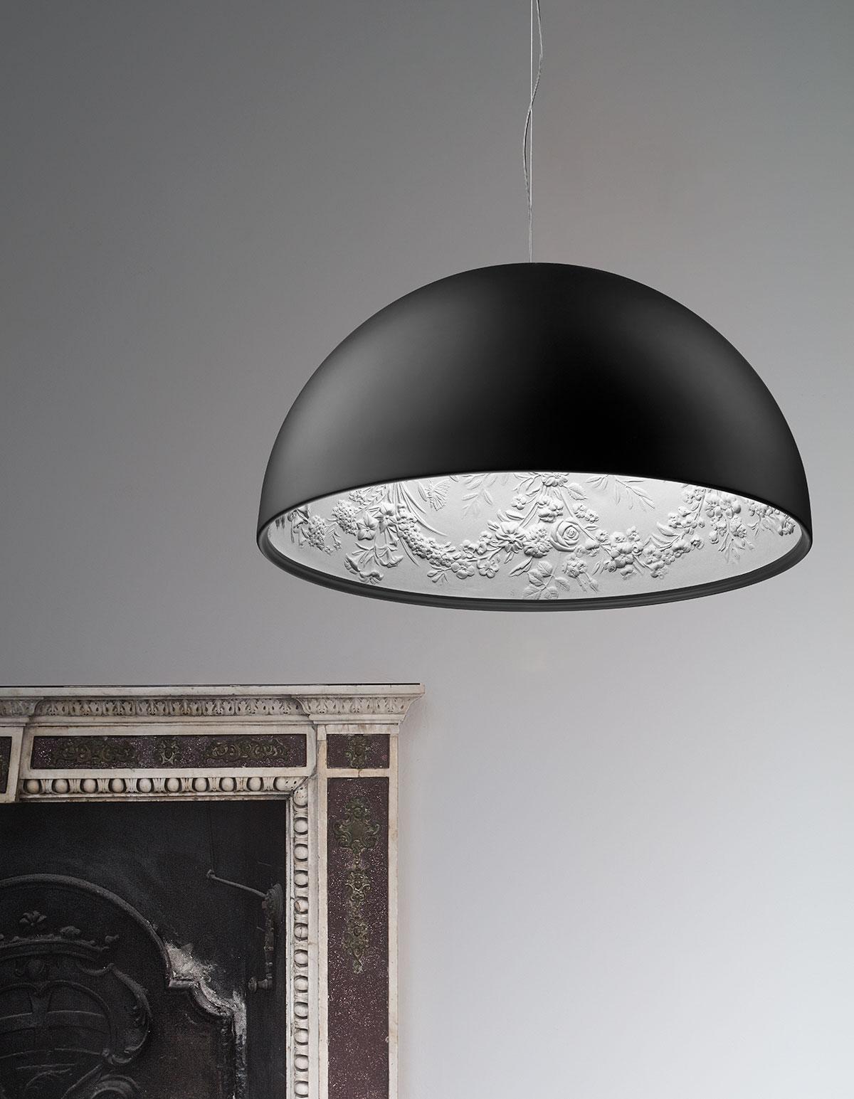 Flos skygarden S1 suspension lamp in matte black by Marcel Wanders

Material: Plaster, glass, stainless steel
Lamp type: Halogen
Lamp included: Yes
Light source: 1 x 100W T8 E26 base frosted halogen (Included)
Mounting: Ceiling