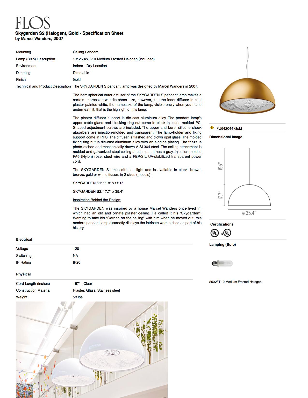 Italiano Flos Skygarden S2 - Lampada a sospensione alogena in oro di Marcel Wanders in vendita