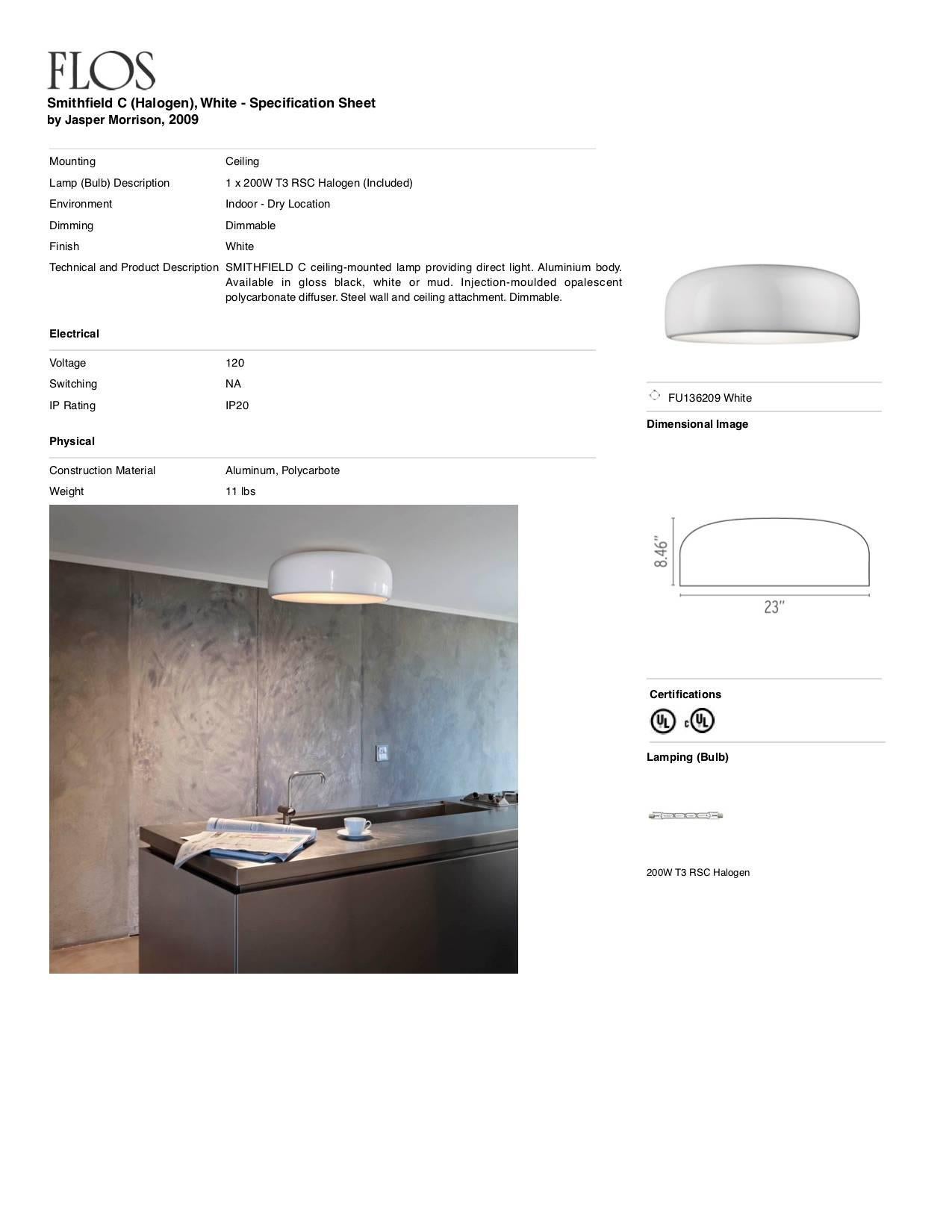 Italian FLOS Smithfield C Halogen Flush Mount Light in White by Jasper Morrison