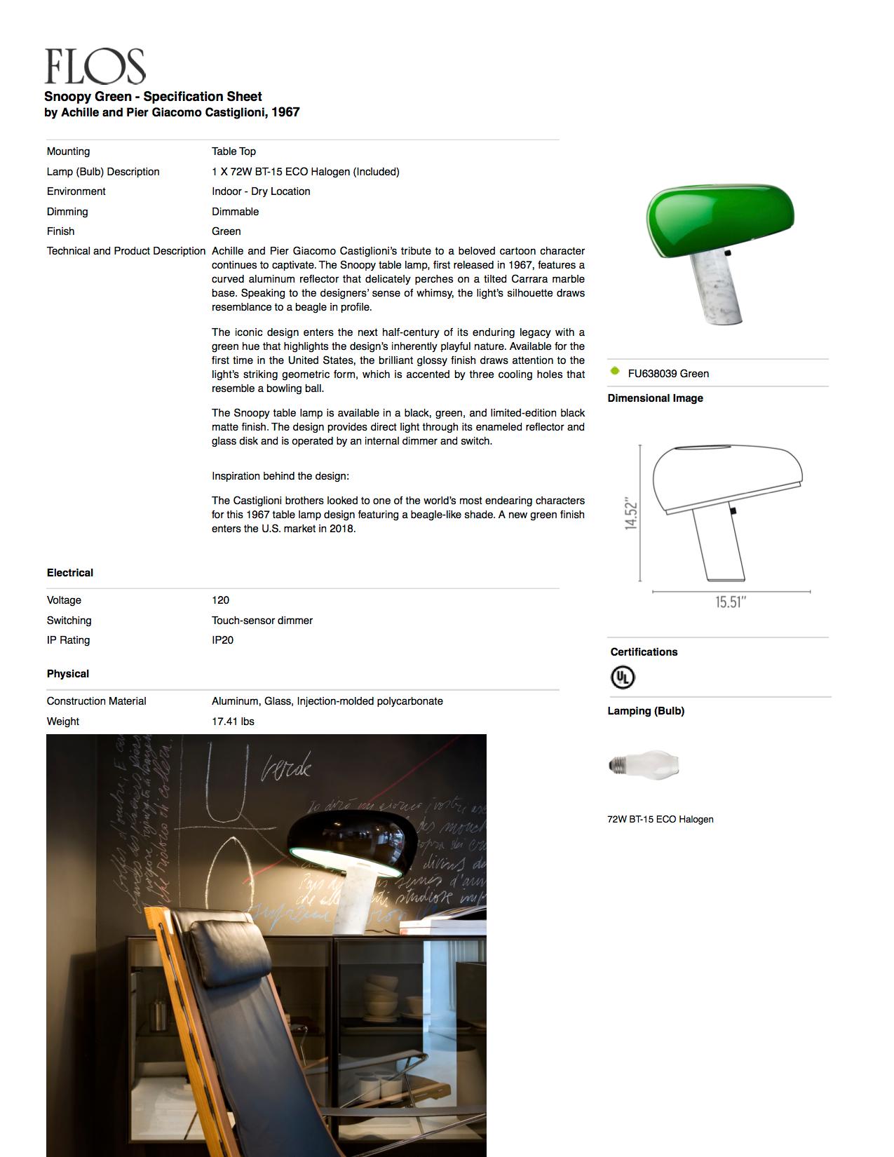 Italian FLOS Snoopy Table Lamp in Green by Achille & Pier Giacomo Castiglioni For Sale