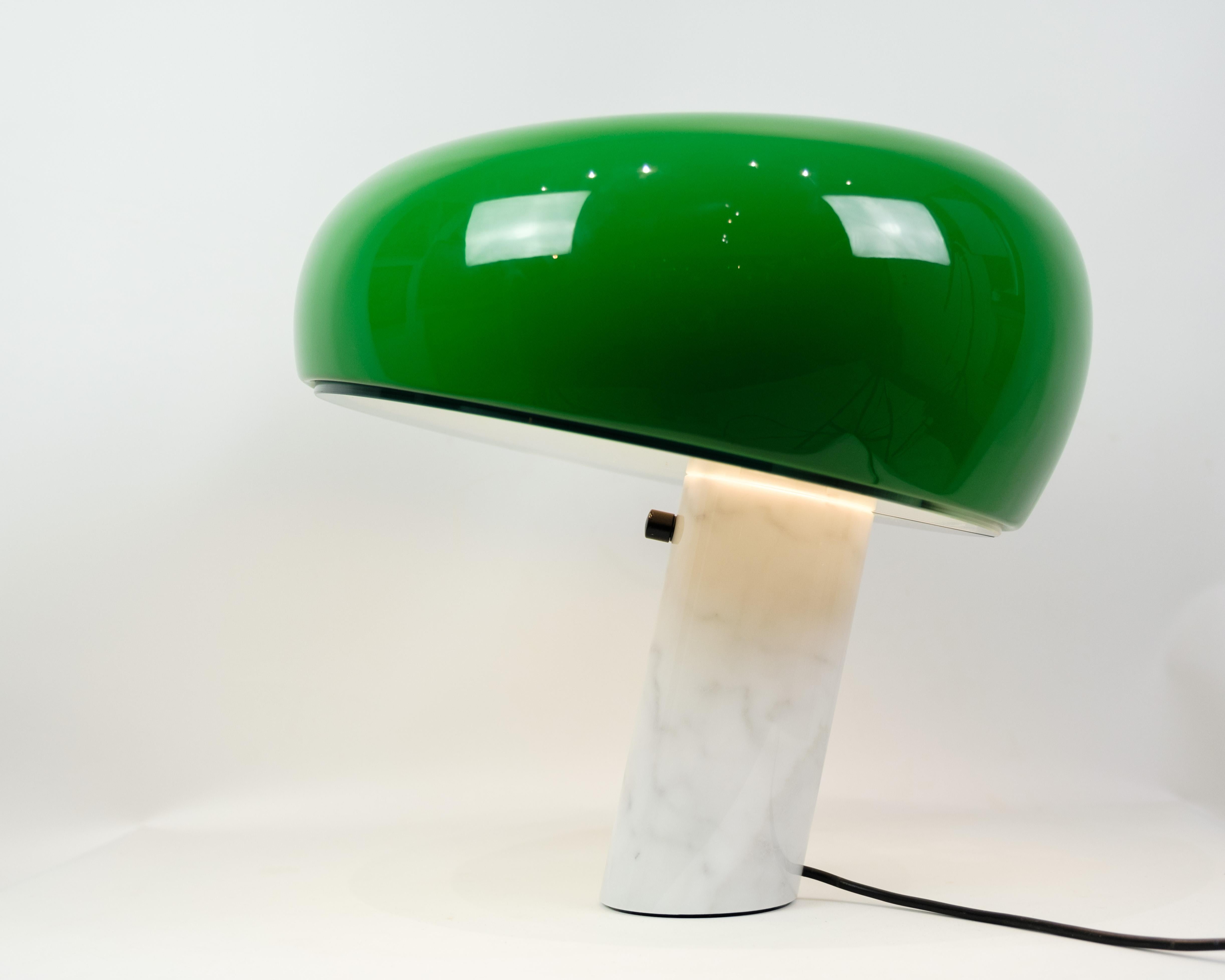 Flos Snoopy Table Lamp With White Marble Base & Green Shade By Achille For Flos 3