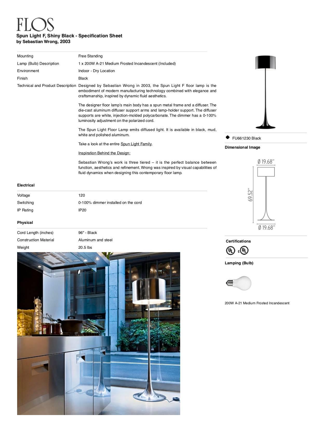 Italian FLOS Spun Light Floor Lamp in Shiny Black by Sebastian Wrong For Sale