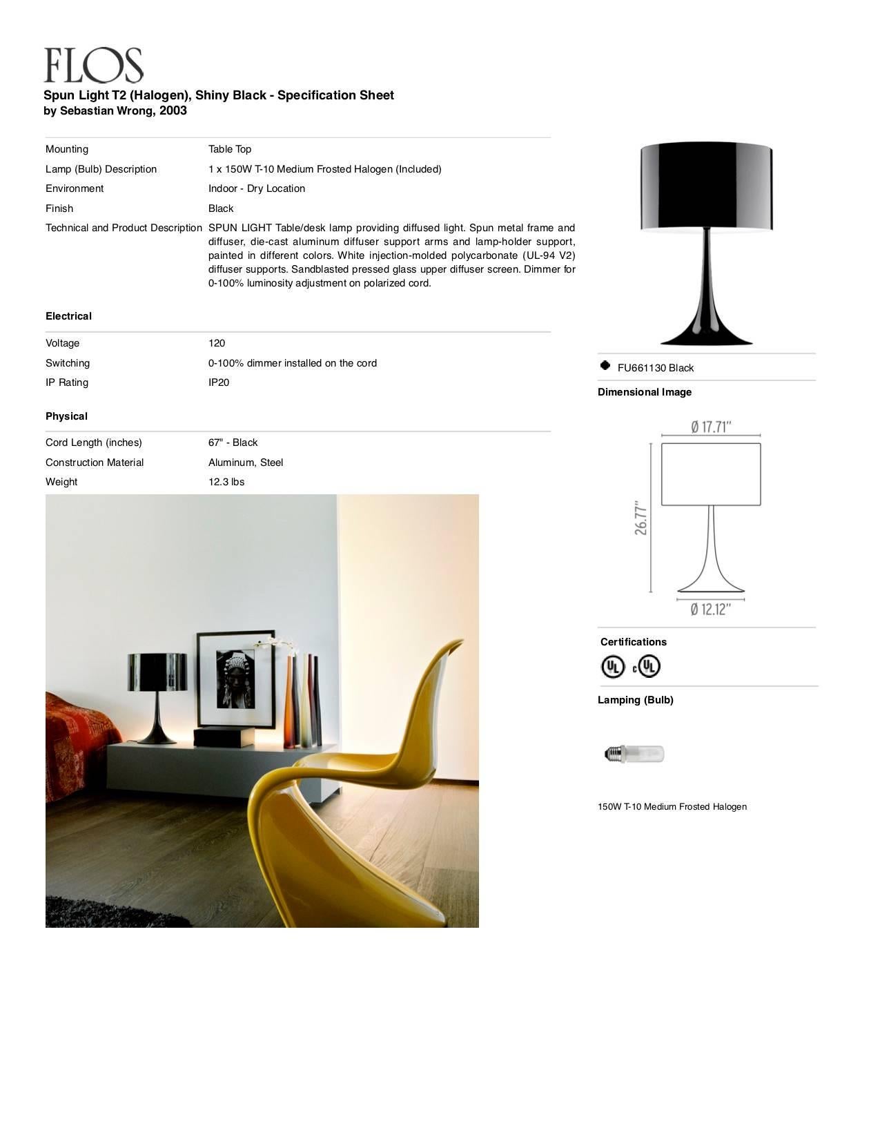 FLOS Spun T2 Halogen Table Lamp in Glossy Black by Sebastian Wrong In New Condition For Sale In Brooklyn, NY