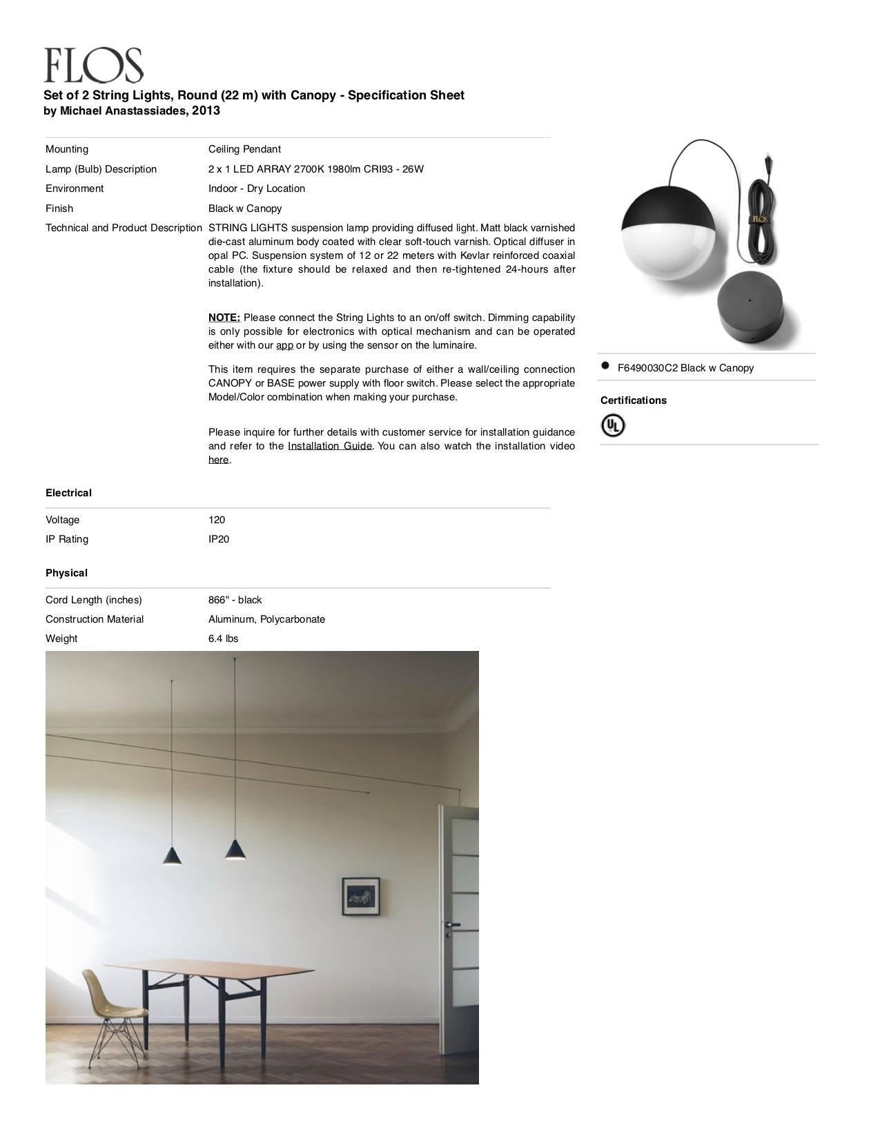 Contemporary FLOS String Round Light in Black (22 m) w/ Canopy by Michael Anastassiades