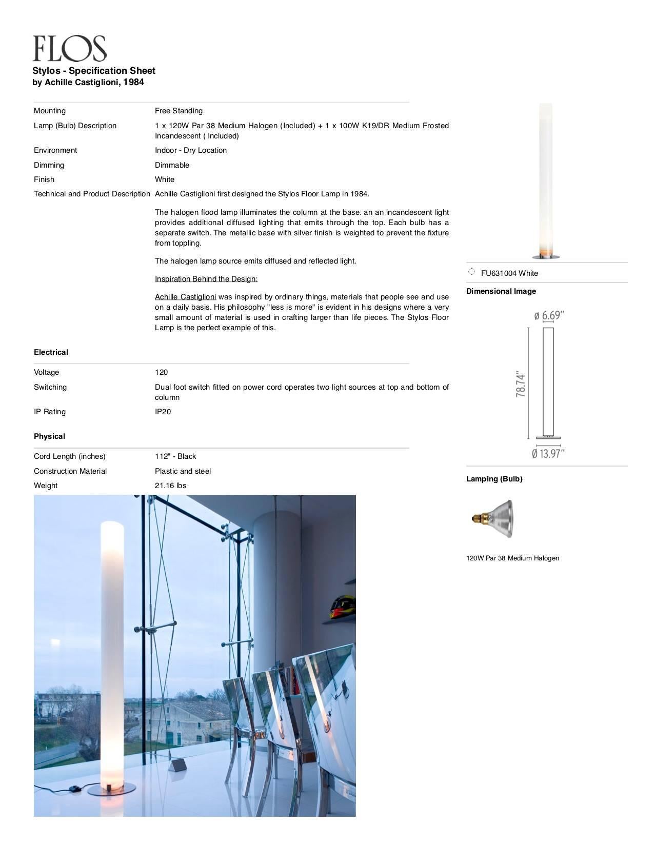 Plastica Lampada da terra FLOS Stylos di Achille Castiglioni in vendita