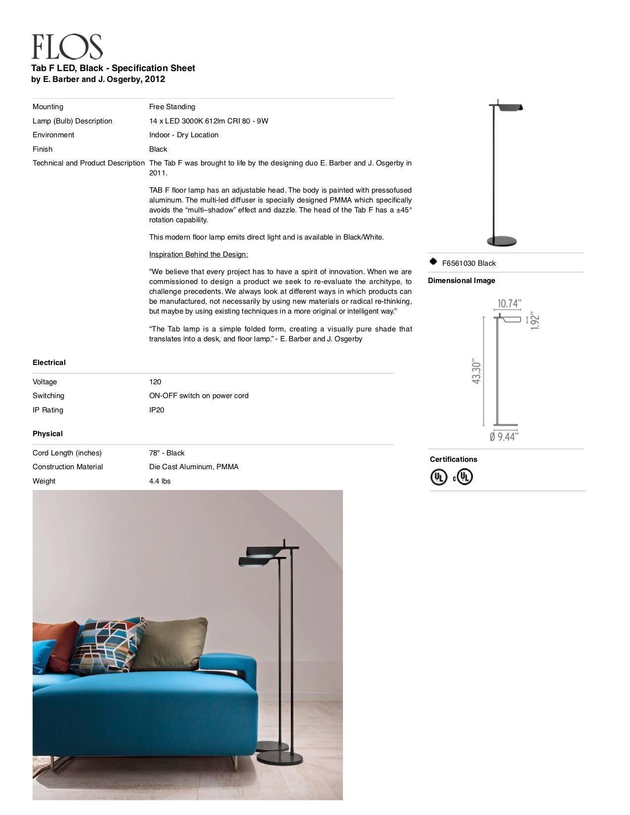 FLOS Tab LED Floor Lamp in Black by E. Barber & J. Osgerby In New Condition In Brooklyn, NY
