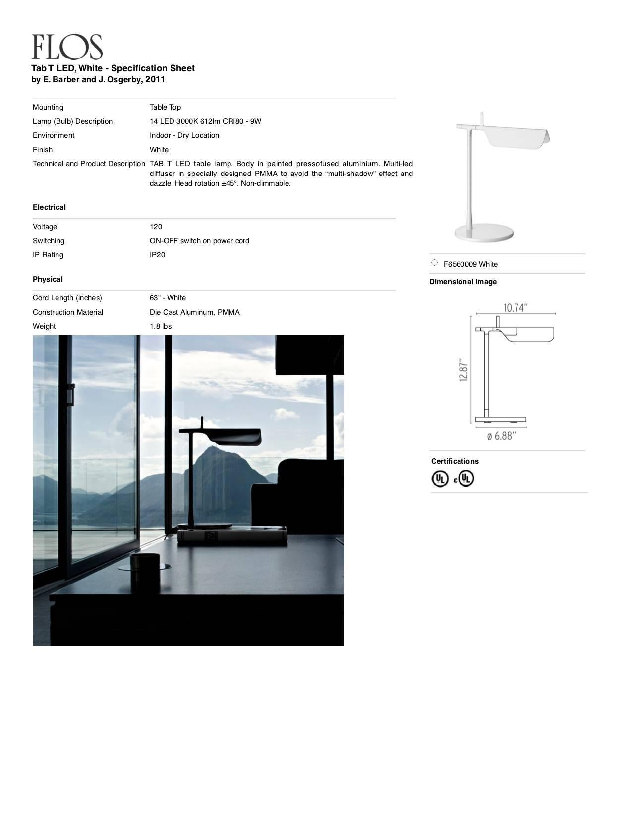 Modern FLOS Tab LED Table Lamp in White by E. Barber & J. Osgerby
