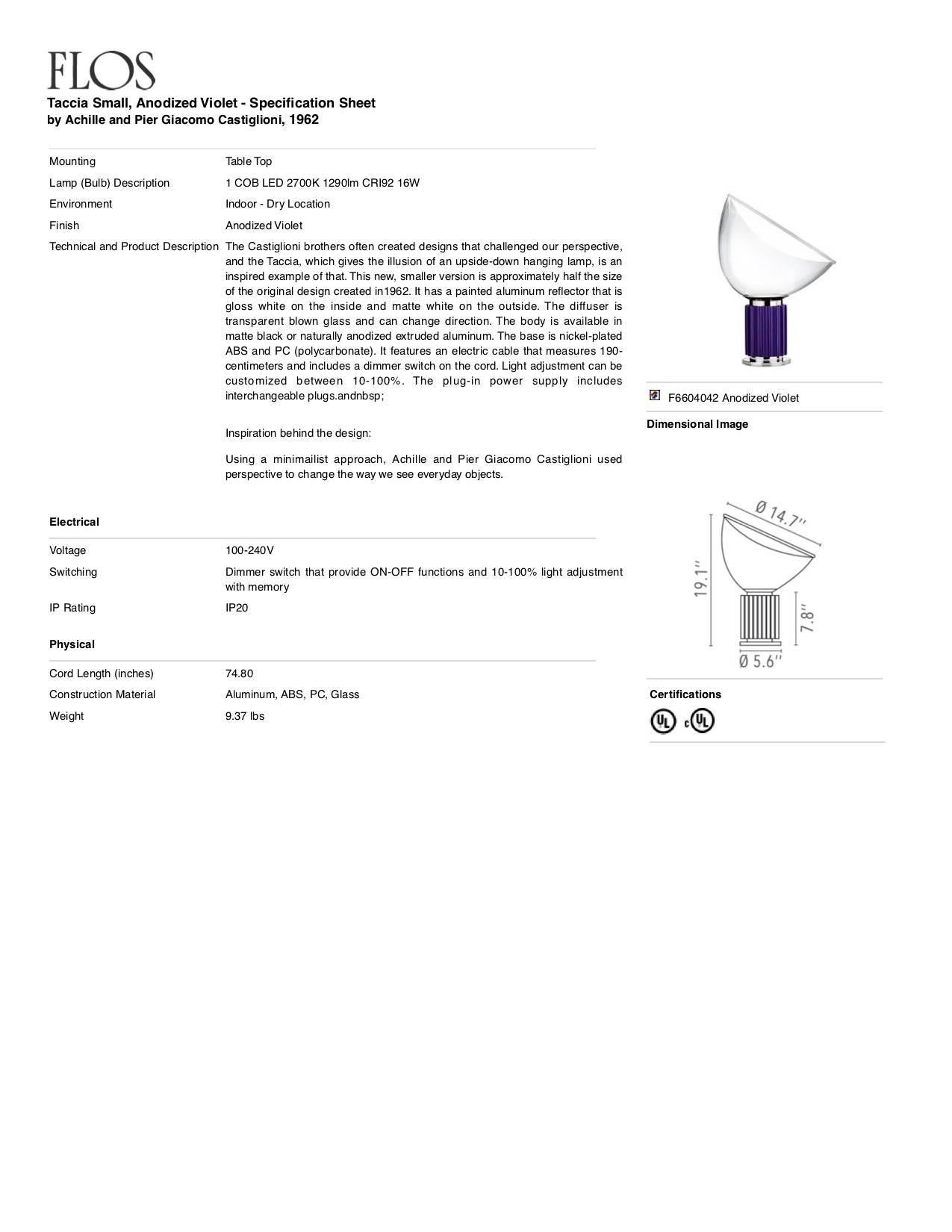 Petite lampe de bureau FLOS Taccia en violet par Achille & Pier Giacomo Castiglioni Neuf - En vente à Brooklyn, NY