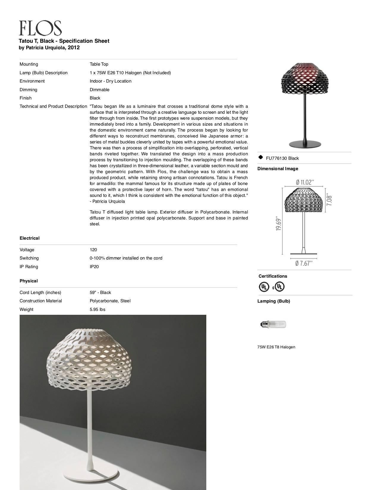 Steel FLOS Tatou T1 Dimmable Halogen Table Lamp in Black by Patricia Urquiola