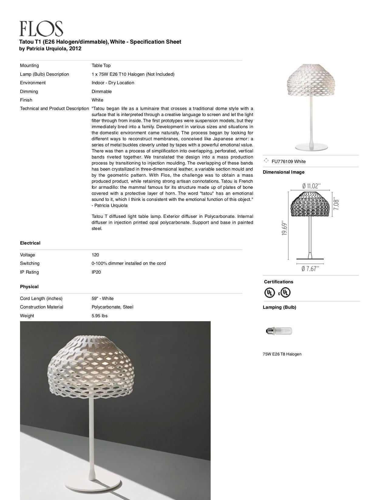 FLOS Tatou T1 Dimmbare Halogen-Tischlampe in Weiß von Patricia Urquiola im Angebot 1