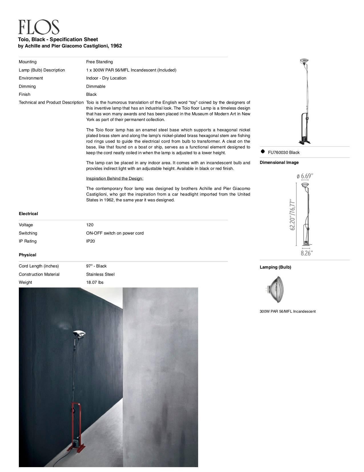 Modern FLOS Toio Floor Lamp in Black by Achille & Pier Giacomo Castiglioni