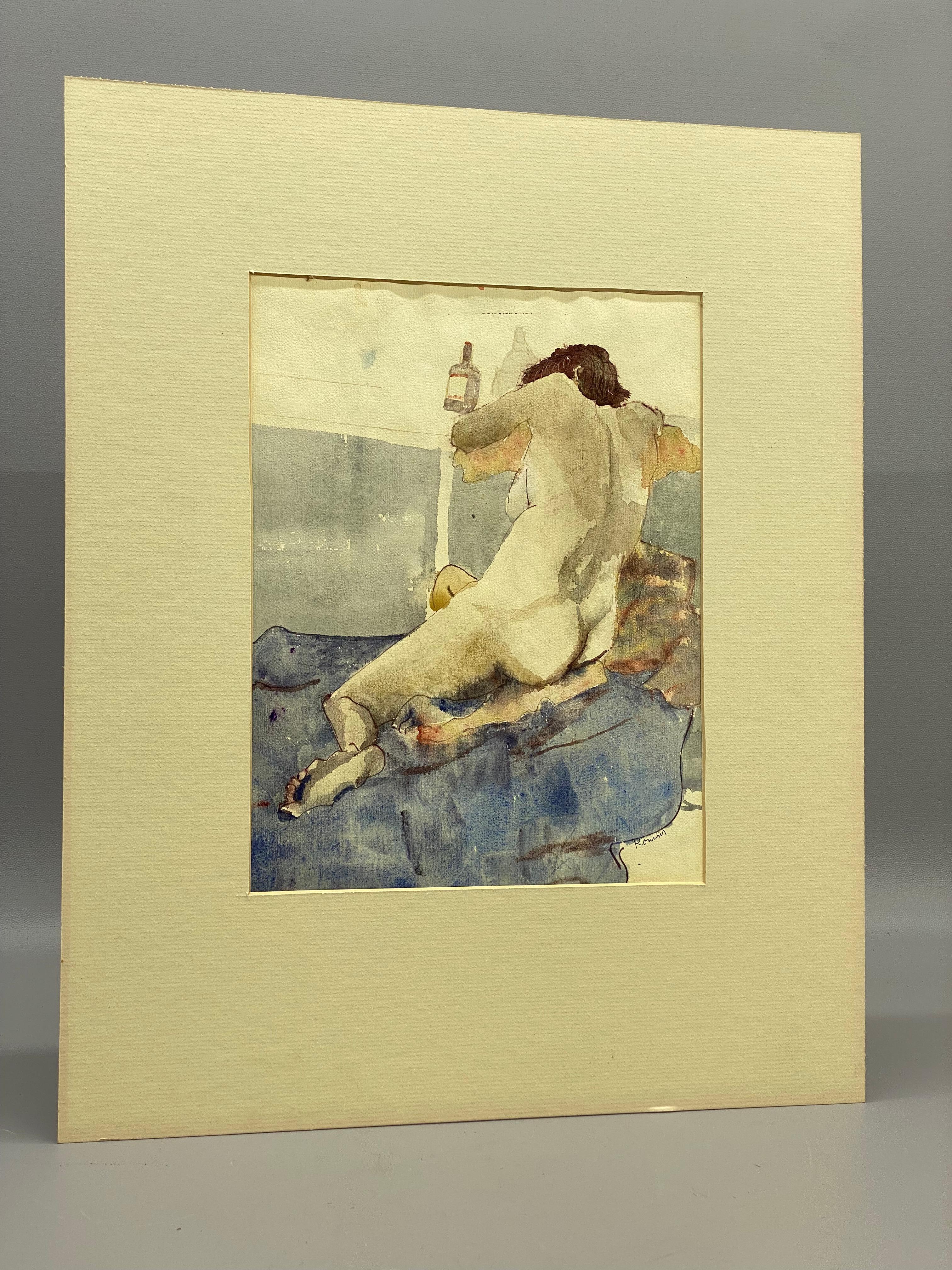 Aquarell auf Papier mit einem weiblichen Akt auf einer blauen Decke und Kissen. Romm verwendet große Farbflächen und eine feine schwarze Kontur, um ihre Figur zu skizzieren. Signiert unten rechts, Romm. CIRCA Ende 1970 - Anfang der 1980er