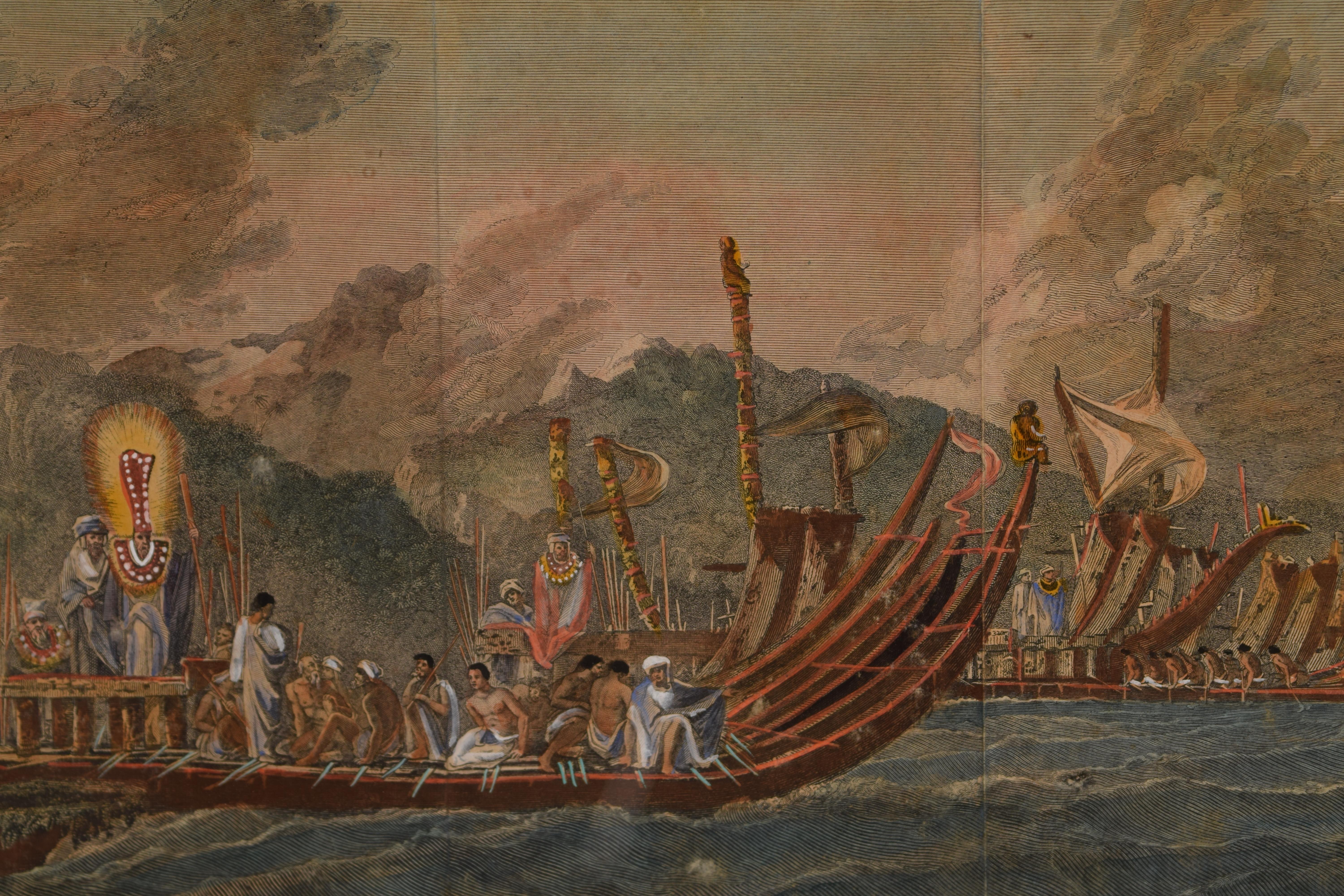 Néoclassique Flotte d'Otahiti assemblée à Oparee, gravure colorée, Robert Benard, 1778 en vente