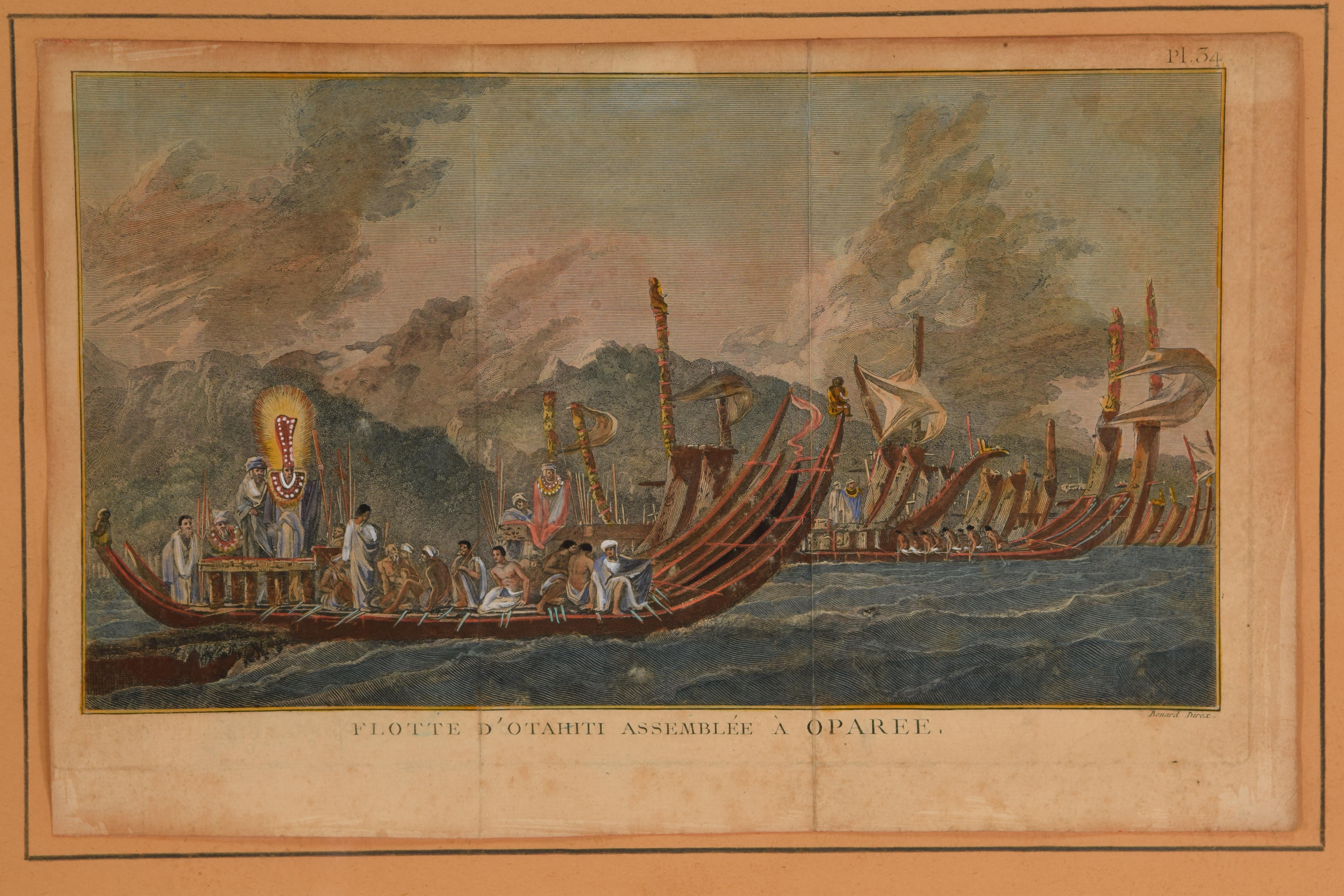 European Flotte d'Otahiti Assembled at Oparee, Colored Engraving, Robert Benard, 1778 For Sale