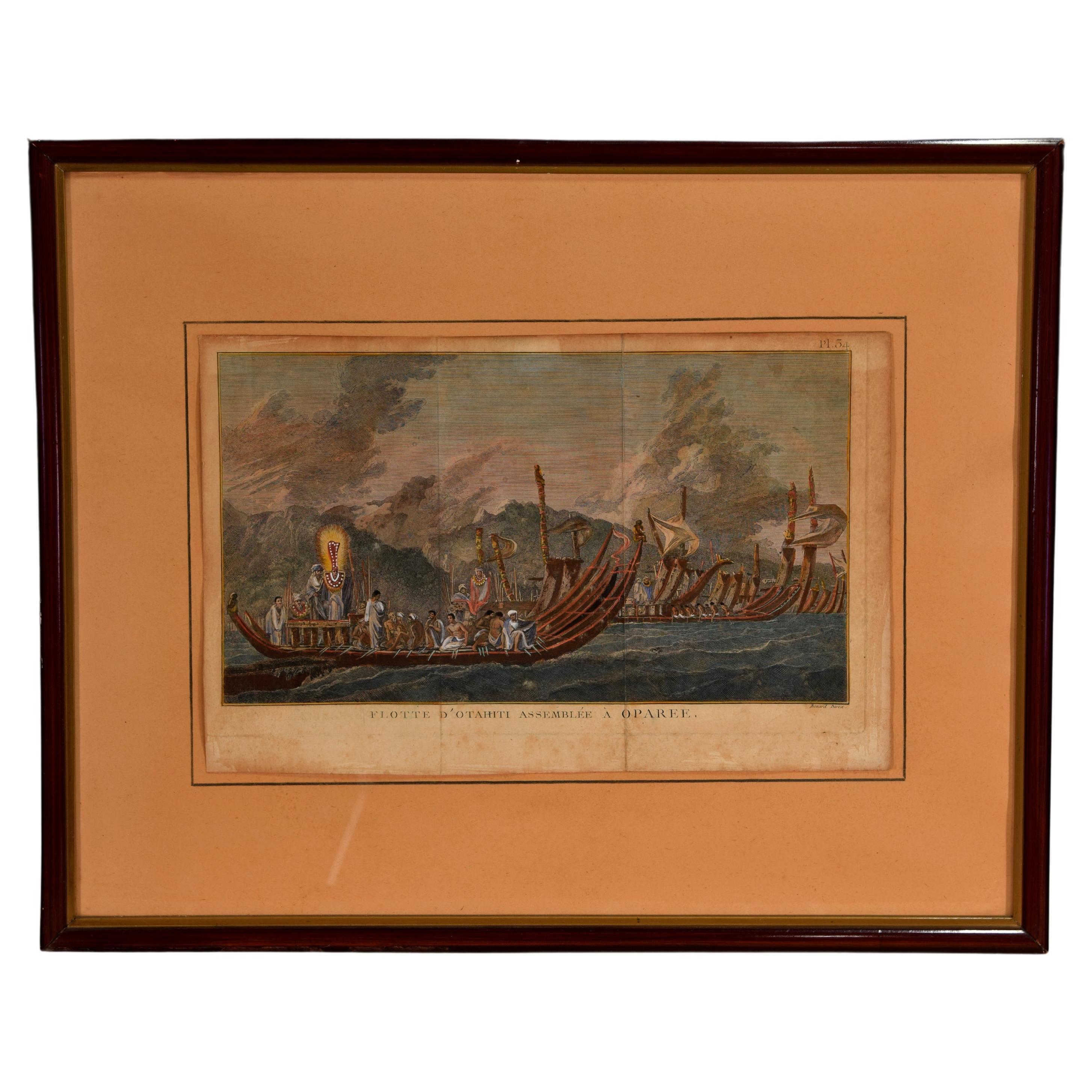 Flotte d'Otahiti assemblée à Oparee, gravure colorée, Robert Benard, 1778 en vente