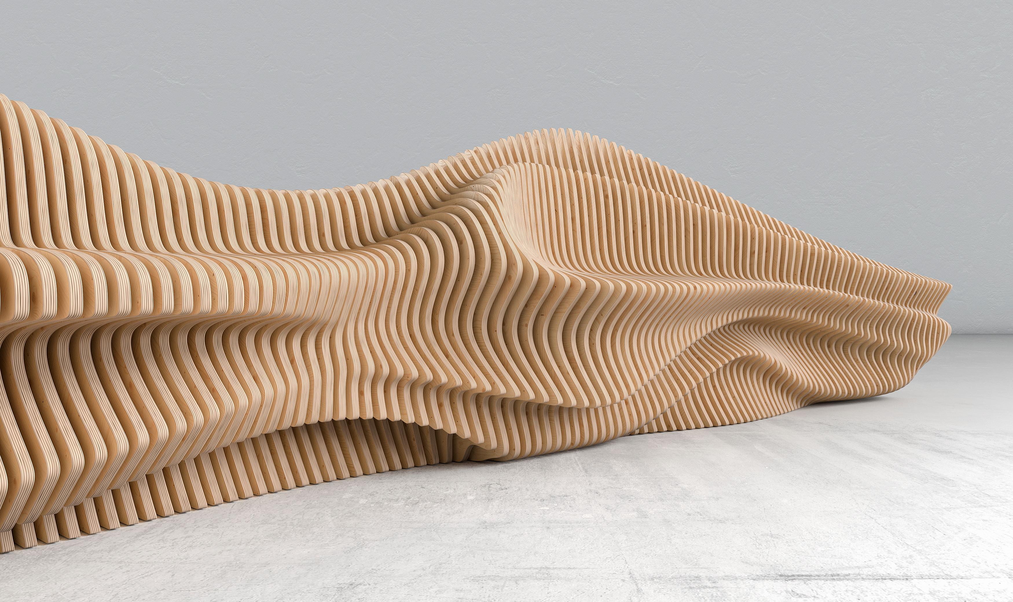 A sculptural double-sided bench designed for both functionality and aesthetics. Crafted from 18mm plywood and
reinforced with metal rods, its fluid, dynamic form allows seating from both sides, making it ideal for public spaces,
offices, and