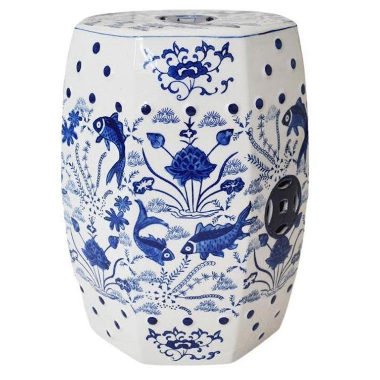 Hong Kong Flow Blue and White Chinoiserie Ceramic Garden Stool with Koi Fish Floral Motif For Sale