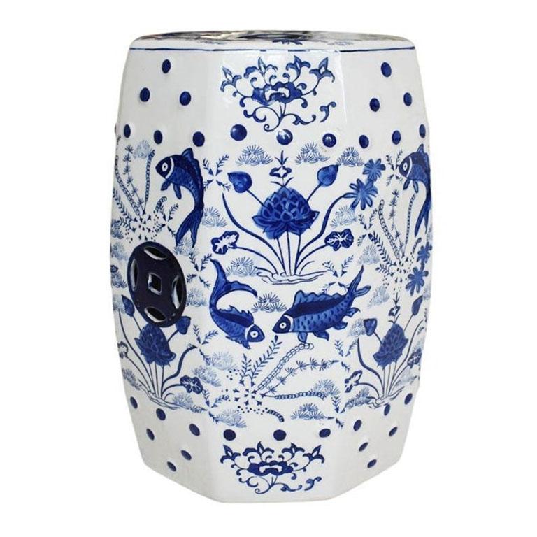 20th Century Flow Blue and White Chinoiserie Ceramic Garden Stool with Koi Fish Floral Motif For Sale