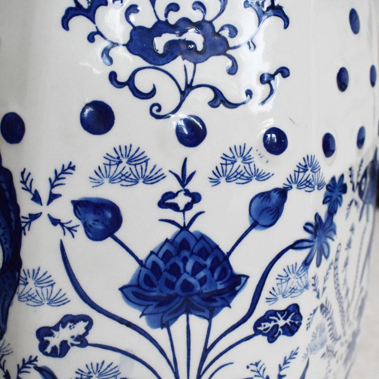 Flow Blue and White Chinoiserie Ceramic Garden Stool with Koi Fish Floral Motif For Sale 1