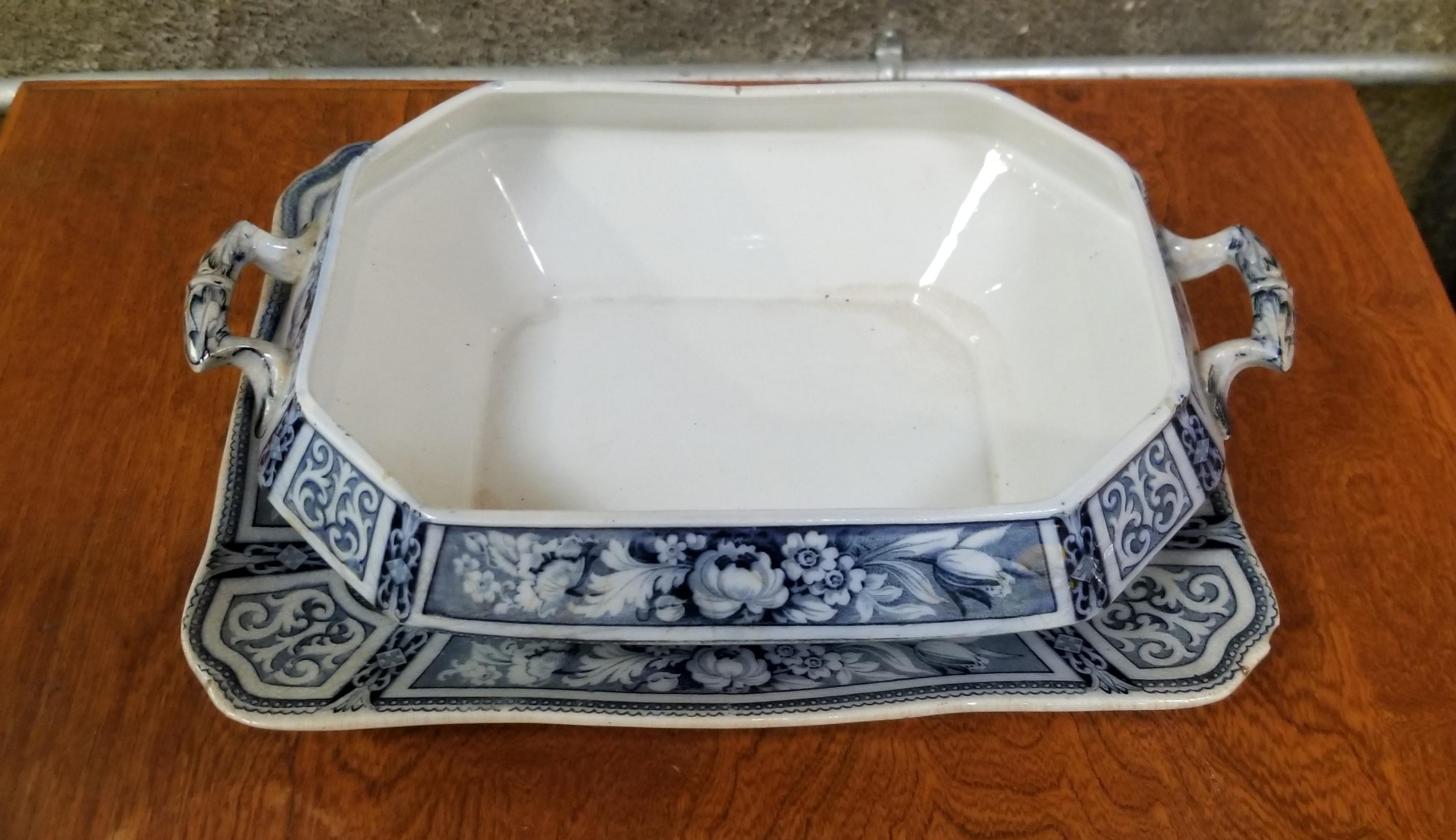 Earthenware Flow Blue Ceramic Tureen, Early 20th Century For Sale