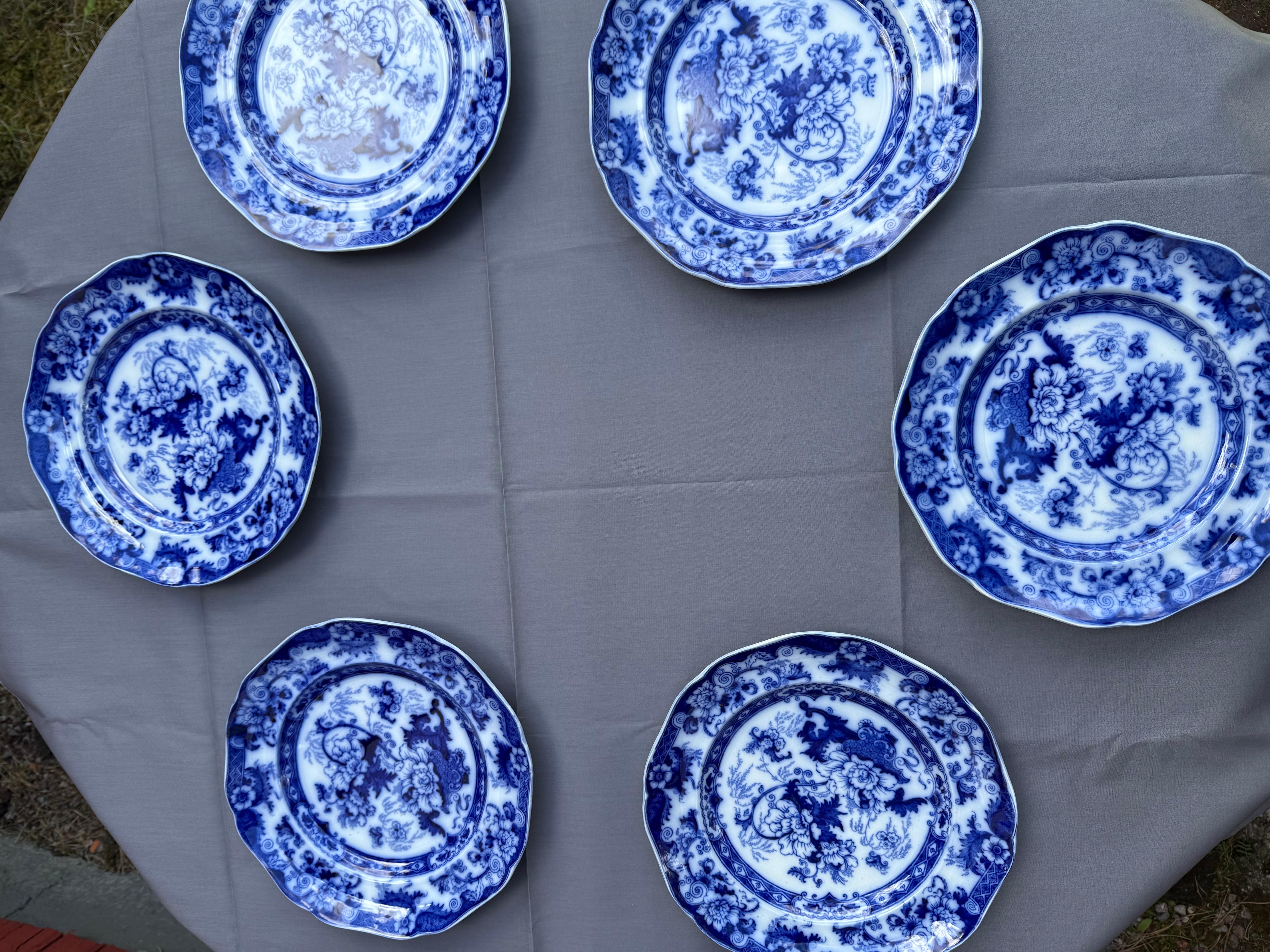 Flow Blue Six Porcelain Dinner Plate Royal Cauldon England Late 19th Century For Sale 8