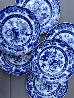 Flow Blue Six Porcelain Dinner Plate Royal Cauldon England Late 19th Century