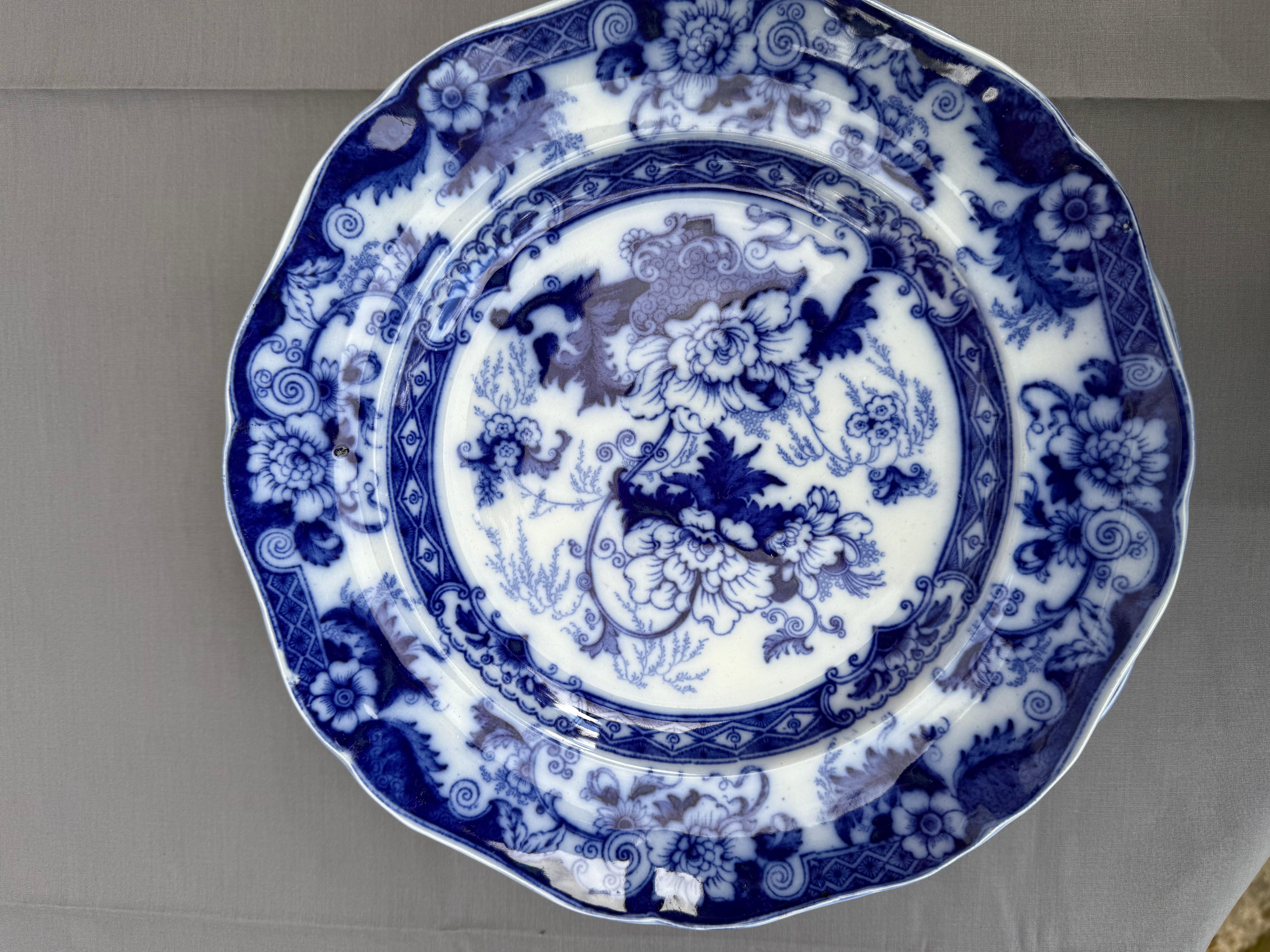 Glazed Flow Blue Six Porcelain Dinner Plate Royal Cauldon England Late 19th Century For Sale