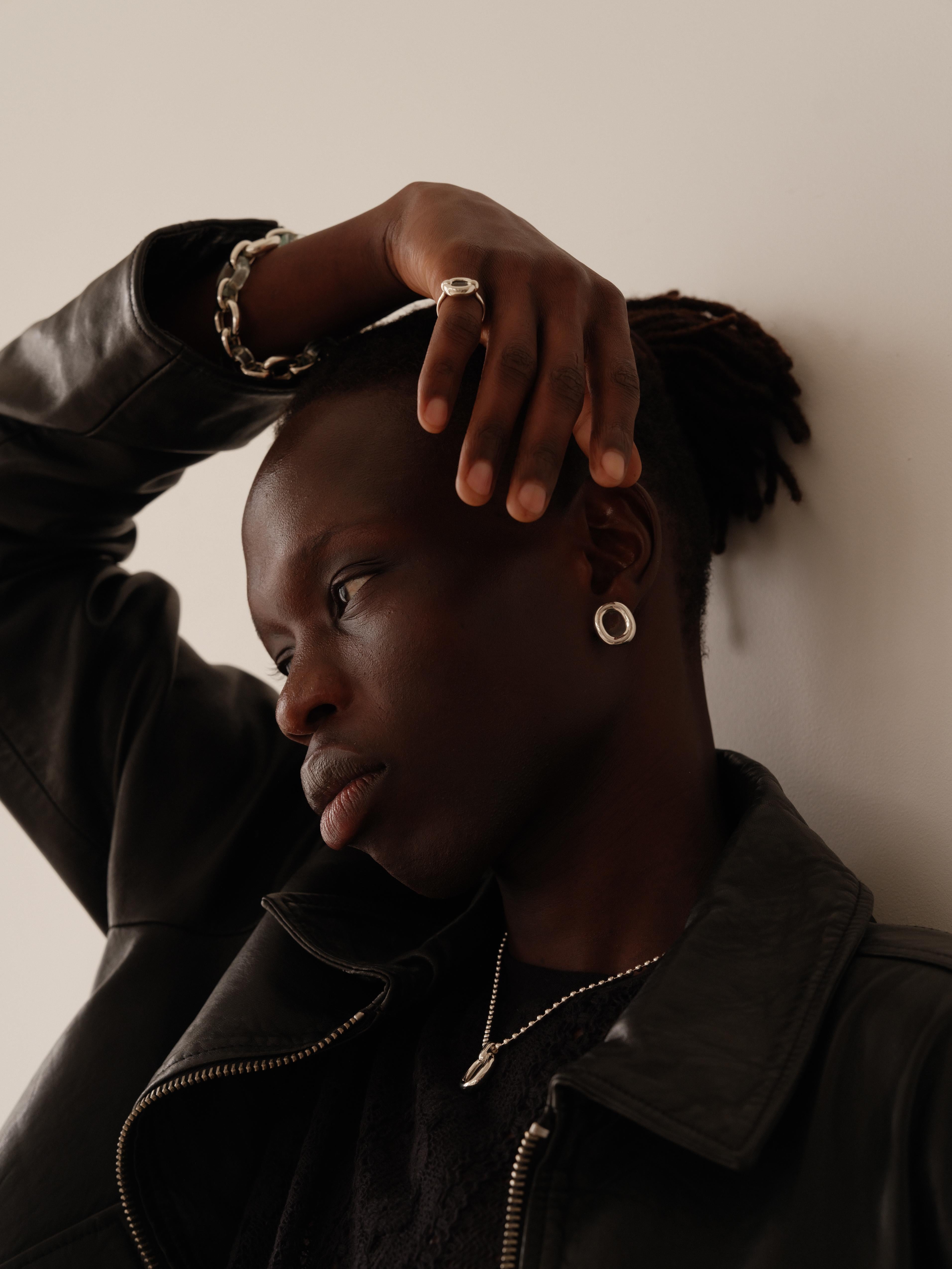 Flow Drop Hoop Earrings In 925 Sterling Silver & Brown Amber Stone By Cled View 3
