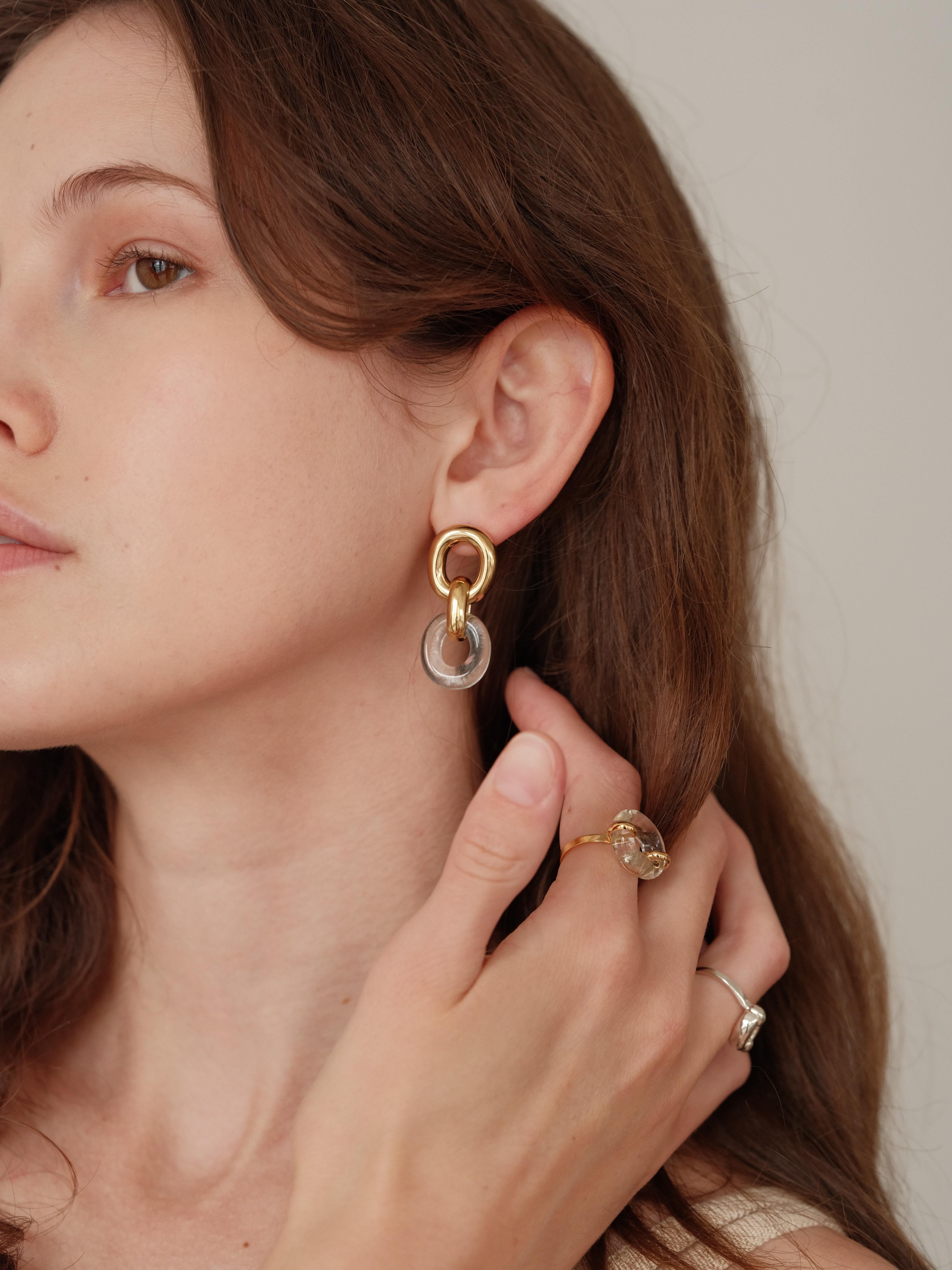 Flow Drop Hoop Earrings In 925 Sterling Silver & Brown Amber Stone By Cled View 4