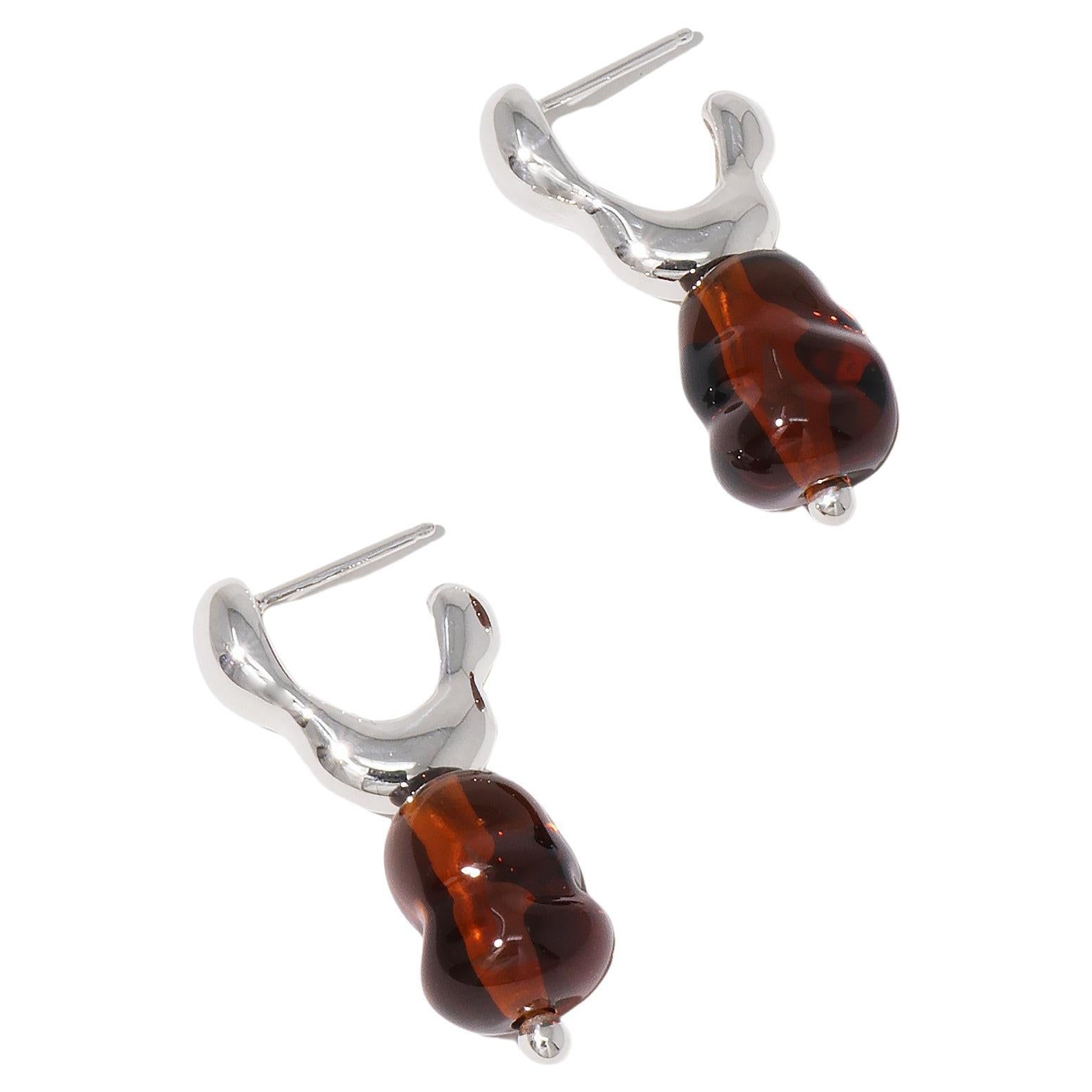 Flow Drop Hoop Earrings In 925 Sterling Silver & Brown Amber Stone By Cled