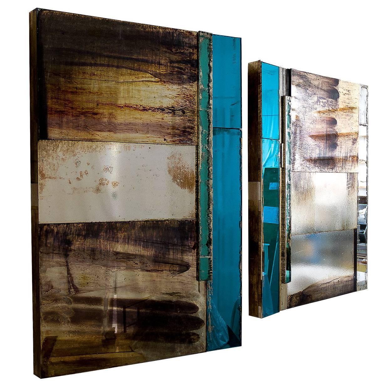 "Flow" Pair of contemporary sculptural Mirrors, Silvered Glass  