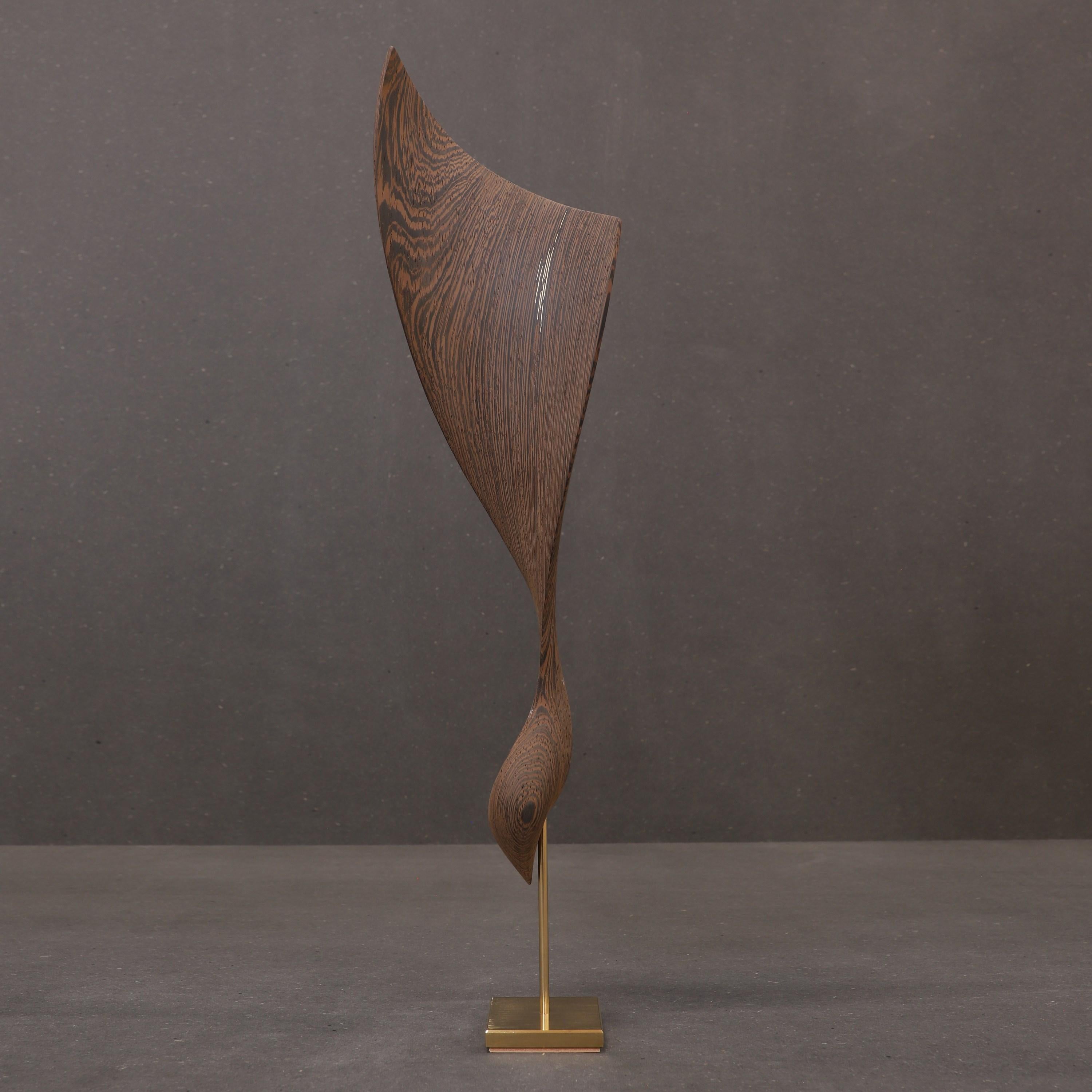 Flow Petit No 21, Wenge wood & gold abstract fluid mounted sculpture by Egeværk 1