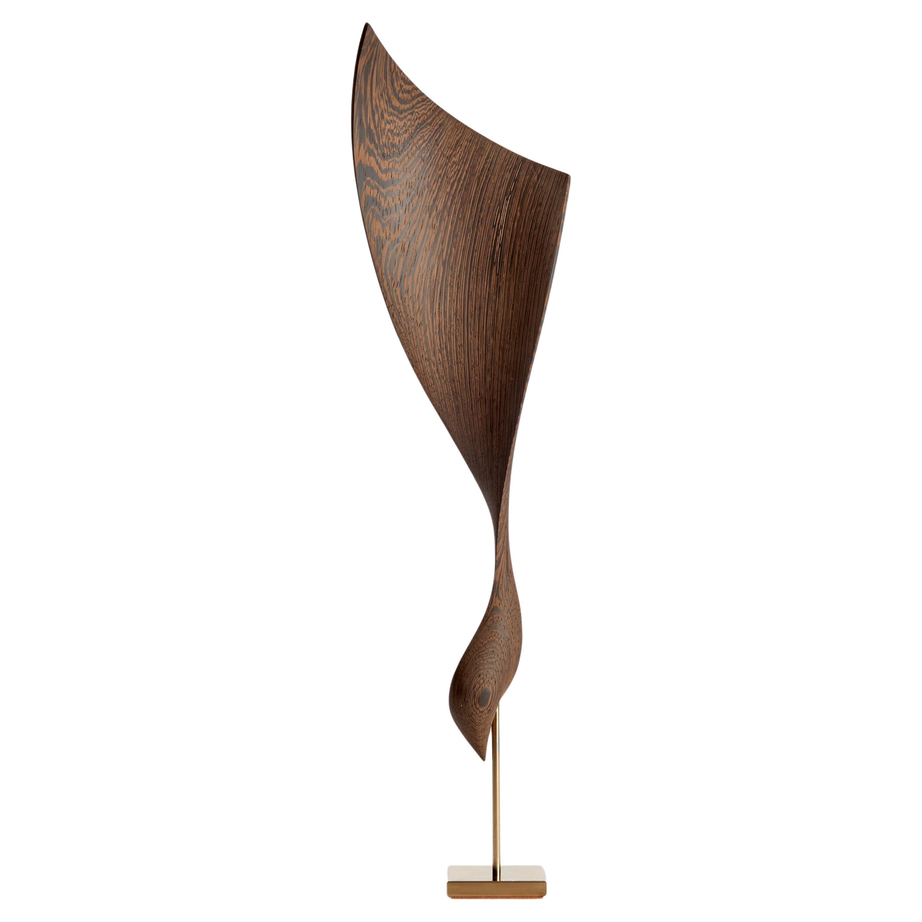Flow Petit No 21, Wenge wood & gold abstract fluid mounted sculpture by Egeværk