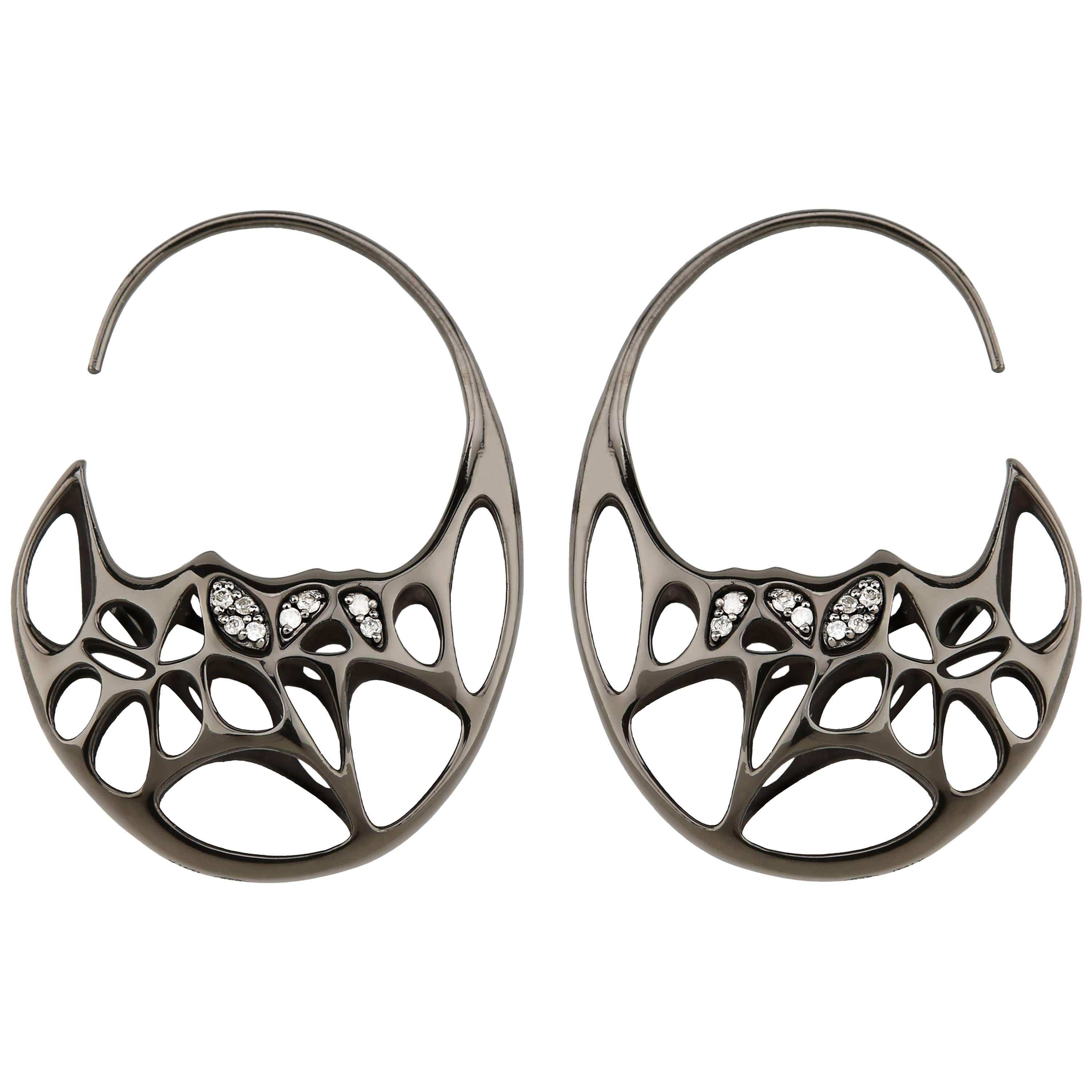 FLOWEN Boucles d'oreilles Goda en argent sterling, Ruthenium noir et diamants