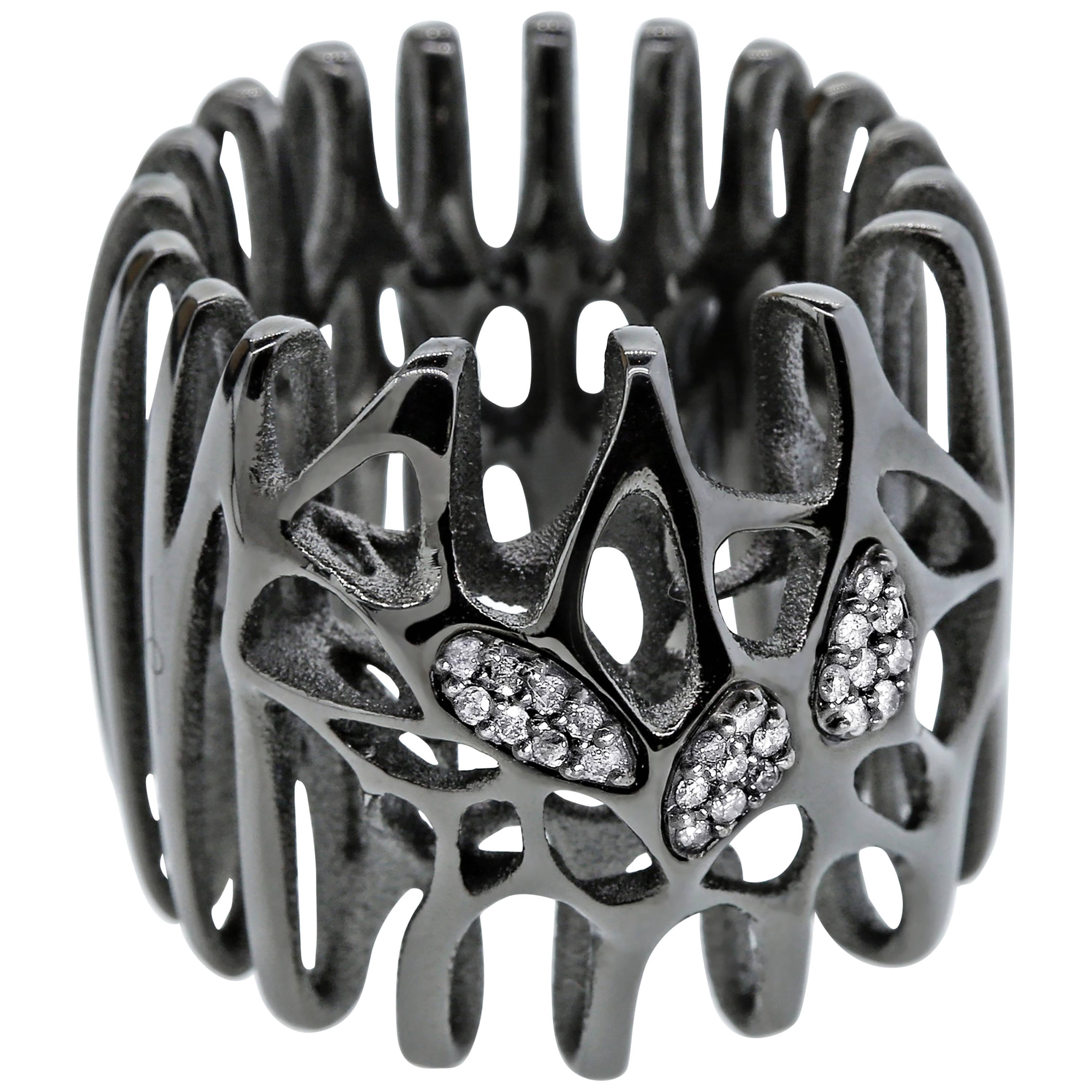 FLOWEN Radix-Cocktailring aus Sterlingsilber in schwarzem Ruthenium mit Eisdiamanten im Angebot