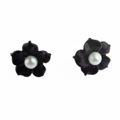 Flower 14 Karat Gold Black Agate Freshwater Pearl Stud Handmade Italian Earrings
