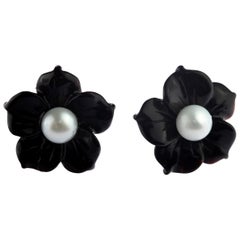 Flower 14 Karat Gold Black Agate Freshwater Pearl Stud Handmade Italian Earrings