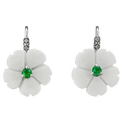 Flower 14k Gold Earrings with Emeralds, Flower Carved Earrings