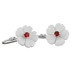 Flower 14k Gold Earrings with Garnet, Garnet and Carved Mother of Pearl Earrings