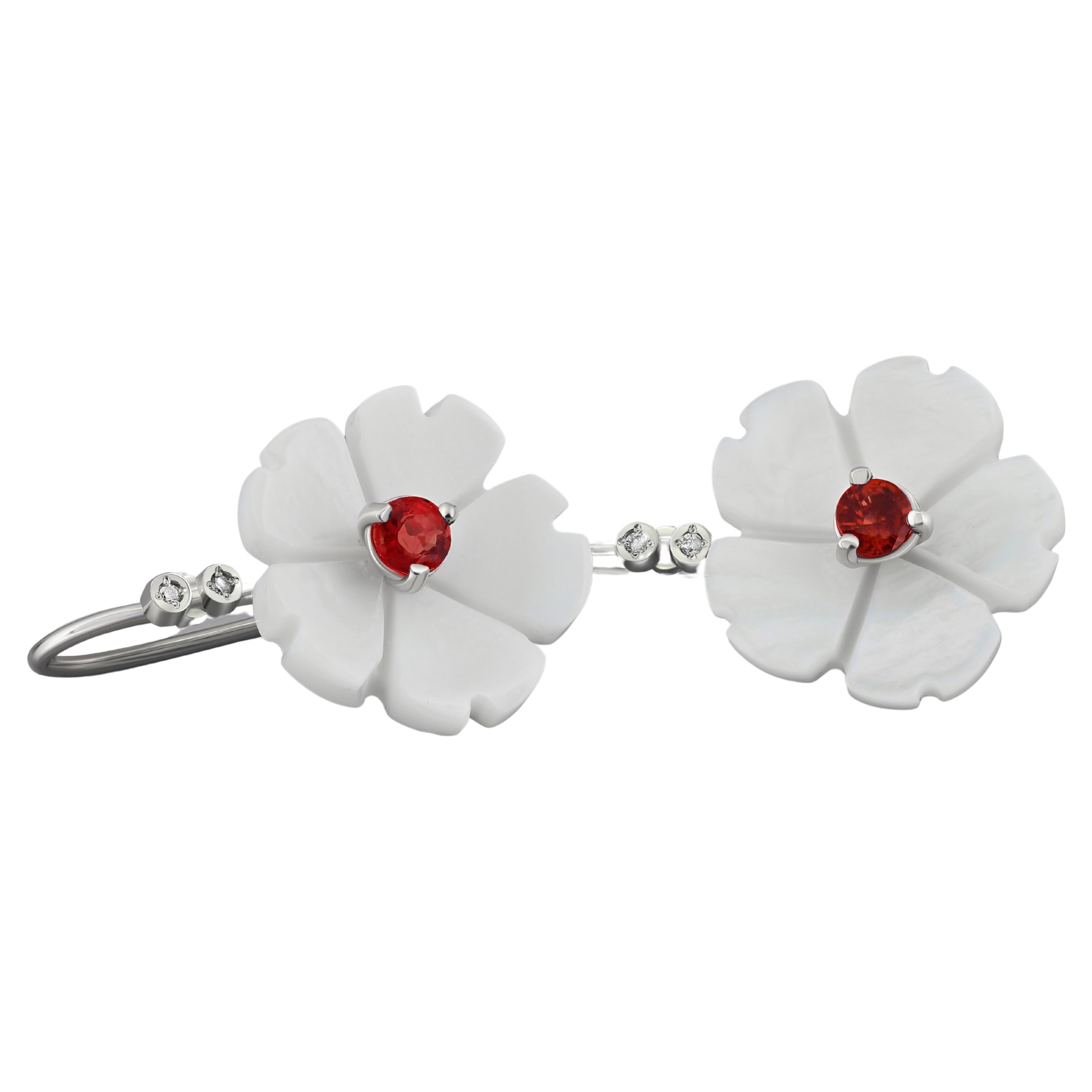 Flower 14k Gold Earrings with Garnet, Garnet and Carved Mother of Pearl Earrings For Sale