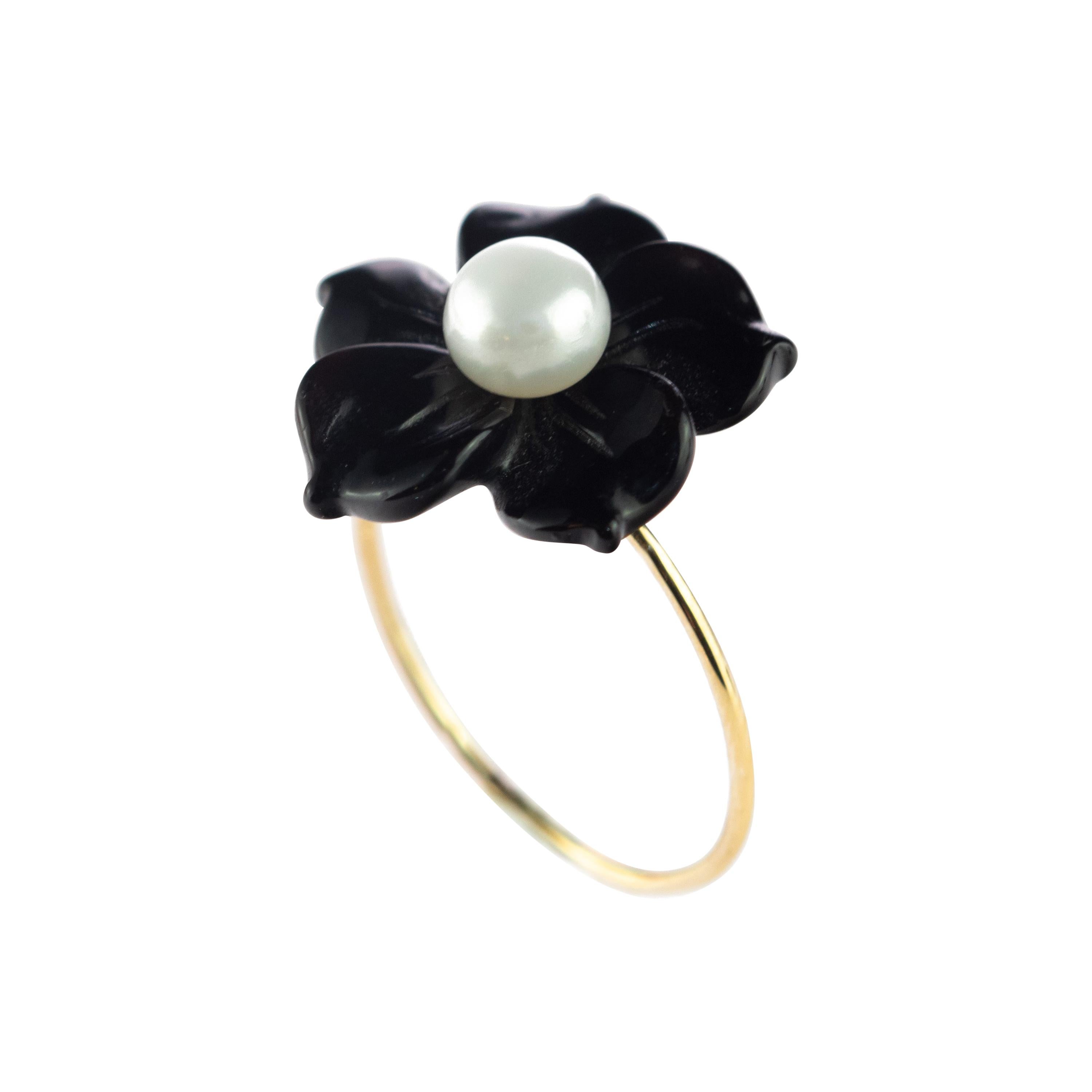 Flower 18 Karat Gold Black Agate Freshwater Pearl Spring Handmade Italian Ring For Sale
