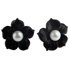 Flower 18 Karat Gold Black Agate Freshwater Pearl Stud Handmade Italian Earrings
