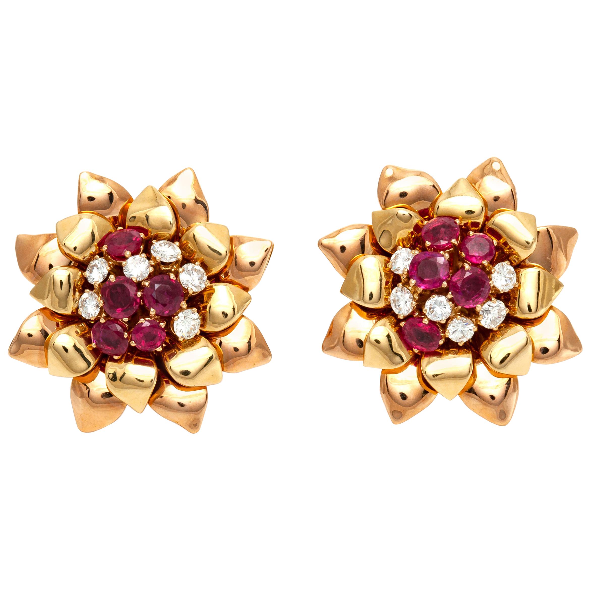 Flower 18 Karat Ruby and Diamonds Clip Earrings For Sale