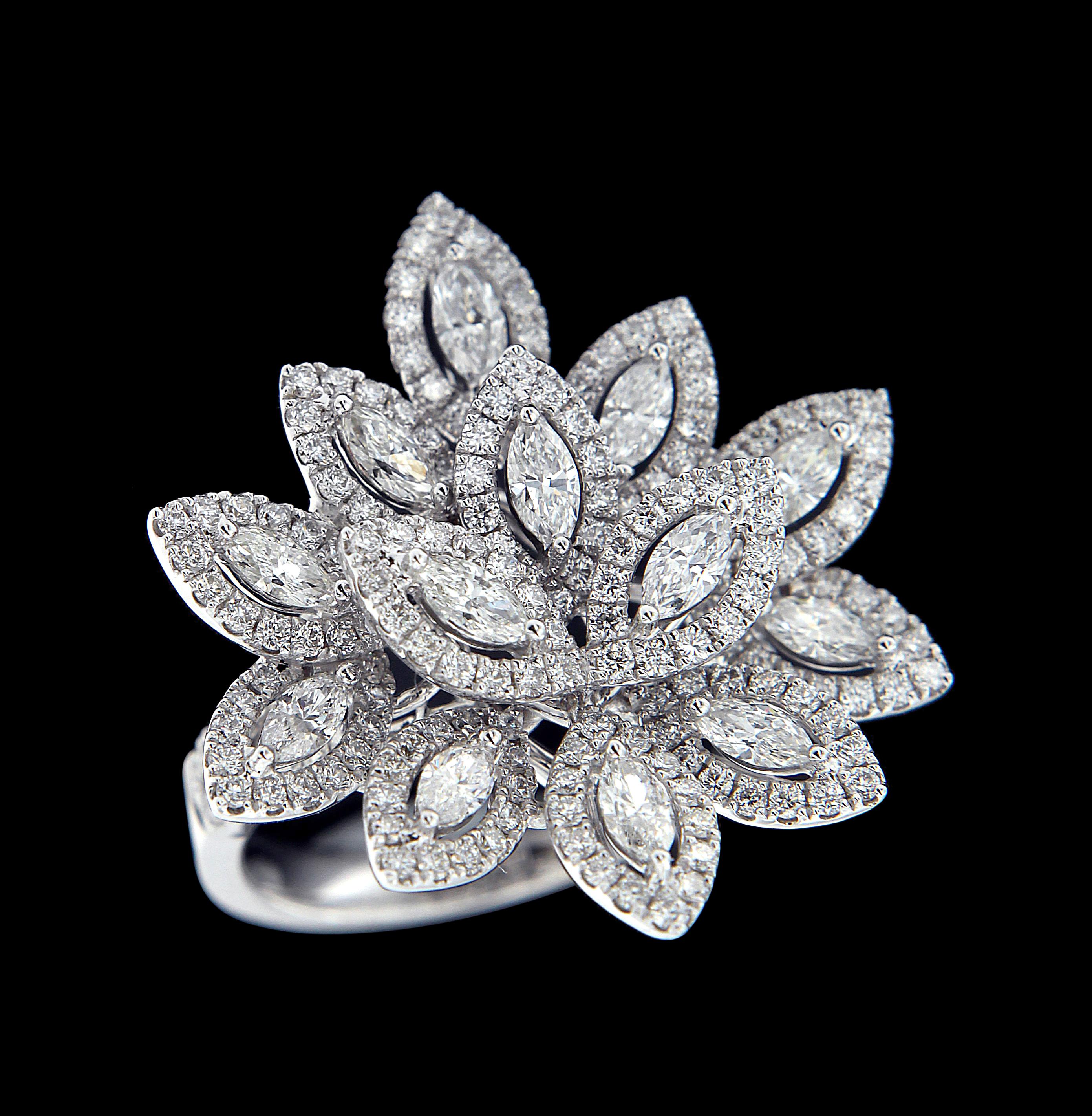 Flower 18 Karat White Gold and Diamond Cocktail Ring.

Diamonds of approximately 2.922 carats and mounted on 18 karats white gold ring. 
The ring weighs approximately 10.466 grams.

Please note: The charges specified do not include any shipment,