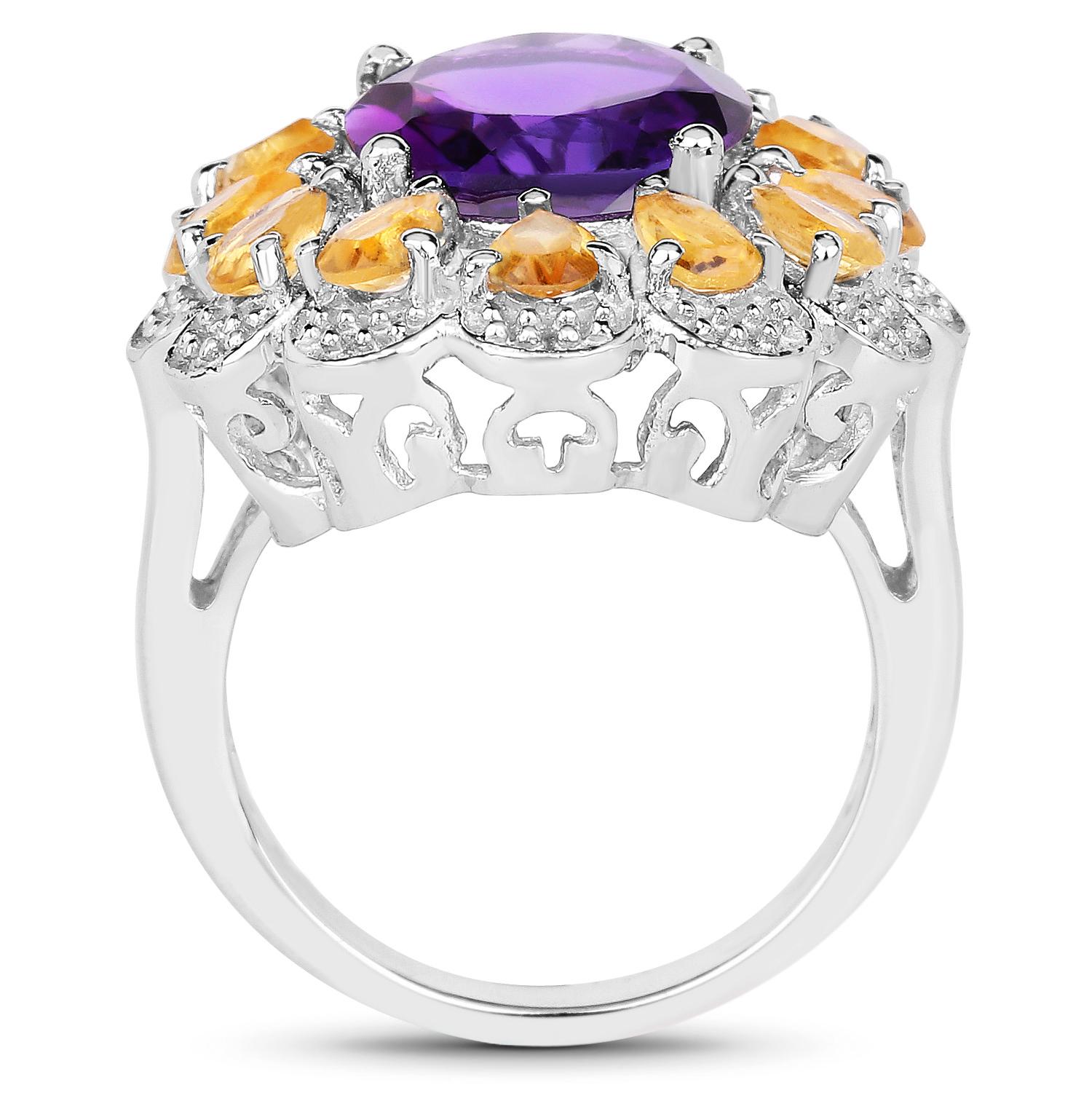 Flower 5.40 Carat Amethyst and Citrine Sterling Silver Cocktail Ring In Excellent Condition For Sale In Laguna Niguel, CA