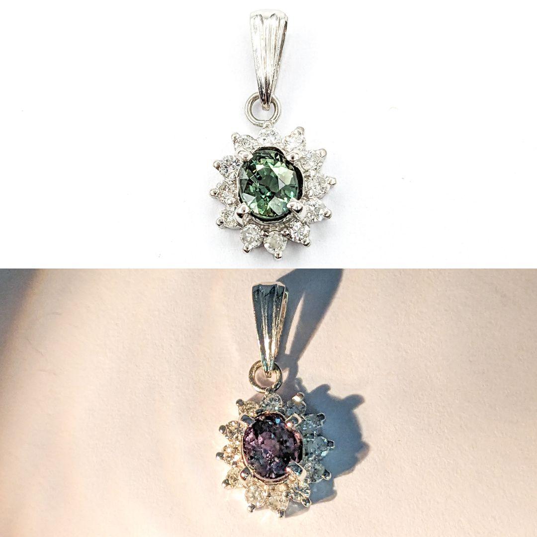 Flower Alexandrite Pendant With Diamonds GIA

Introducing this beautiful Alexandrite pendant, crafted in 850pt platinum. This pendant features an amazing green to pink, color-change Alexandrite(GIA certified).  Aditionally to the centerpiece, this