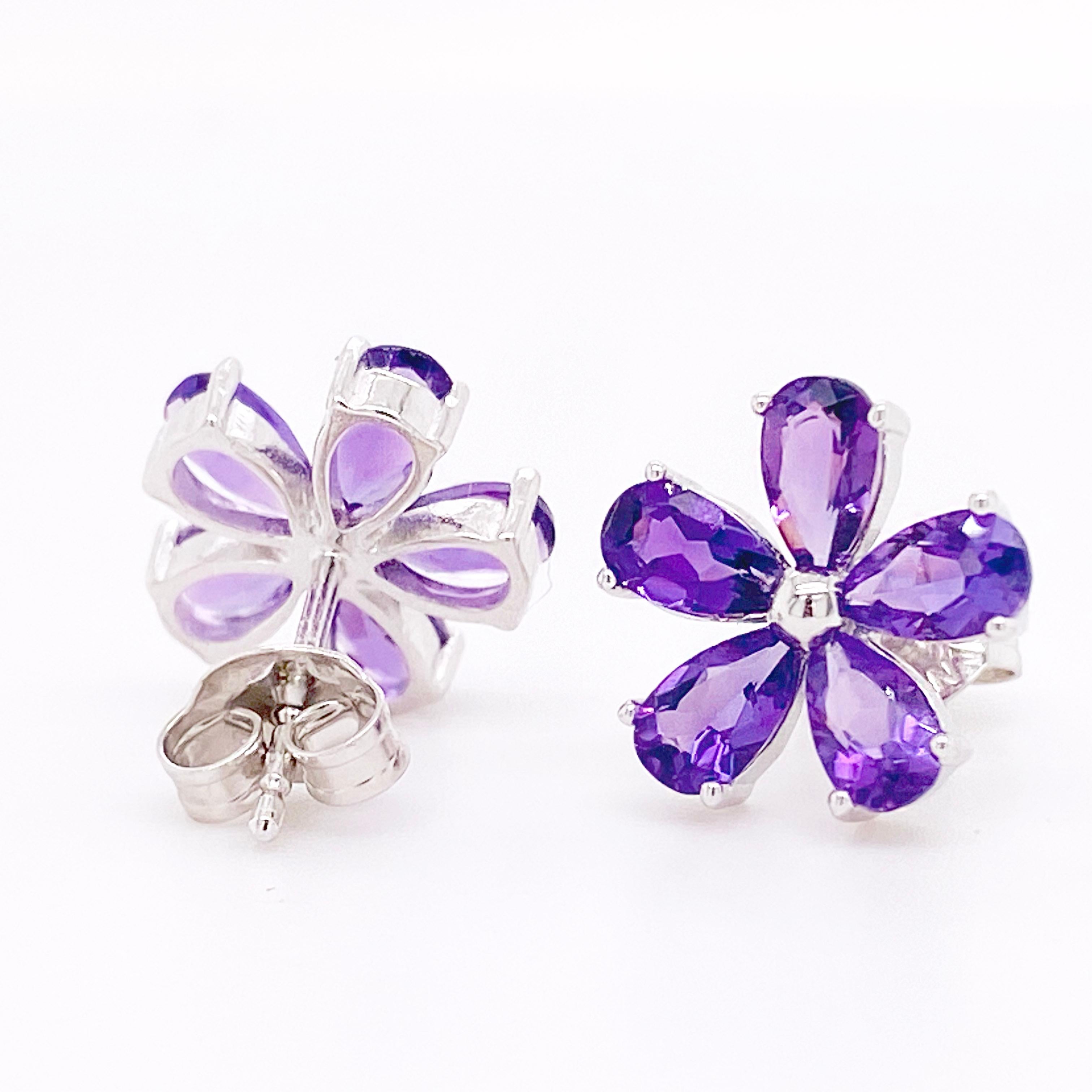 Contemporary Flower Amethyst Petals, Floral Style Sterling Studs with Pear Leaves For Sale