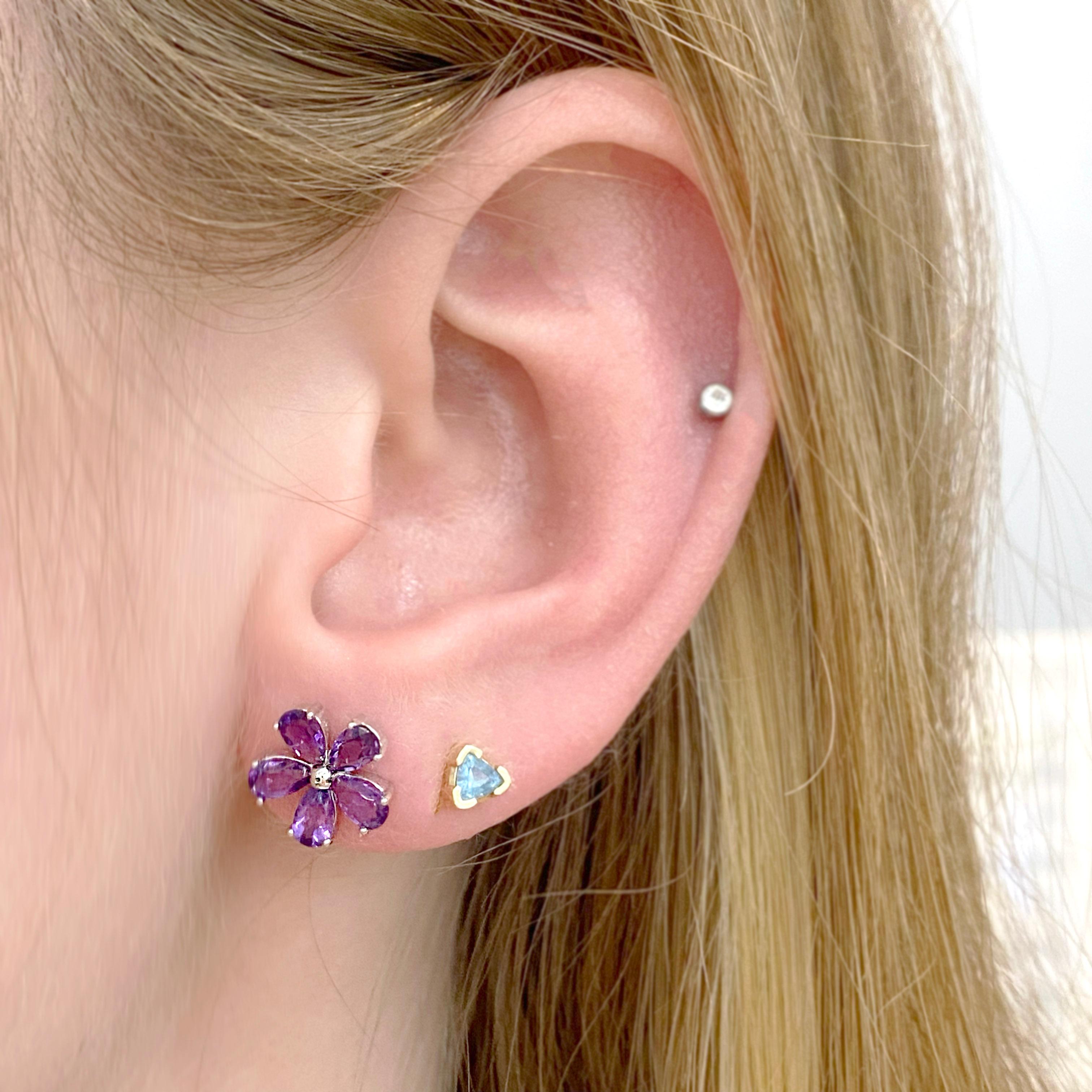Pear Cut Flower Amethyst Petals, Floral Style Sterling Studs with Pear Leaves For Sale